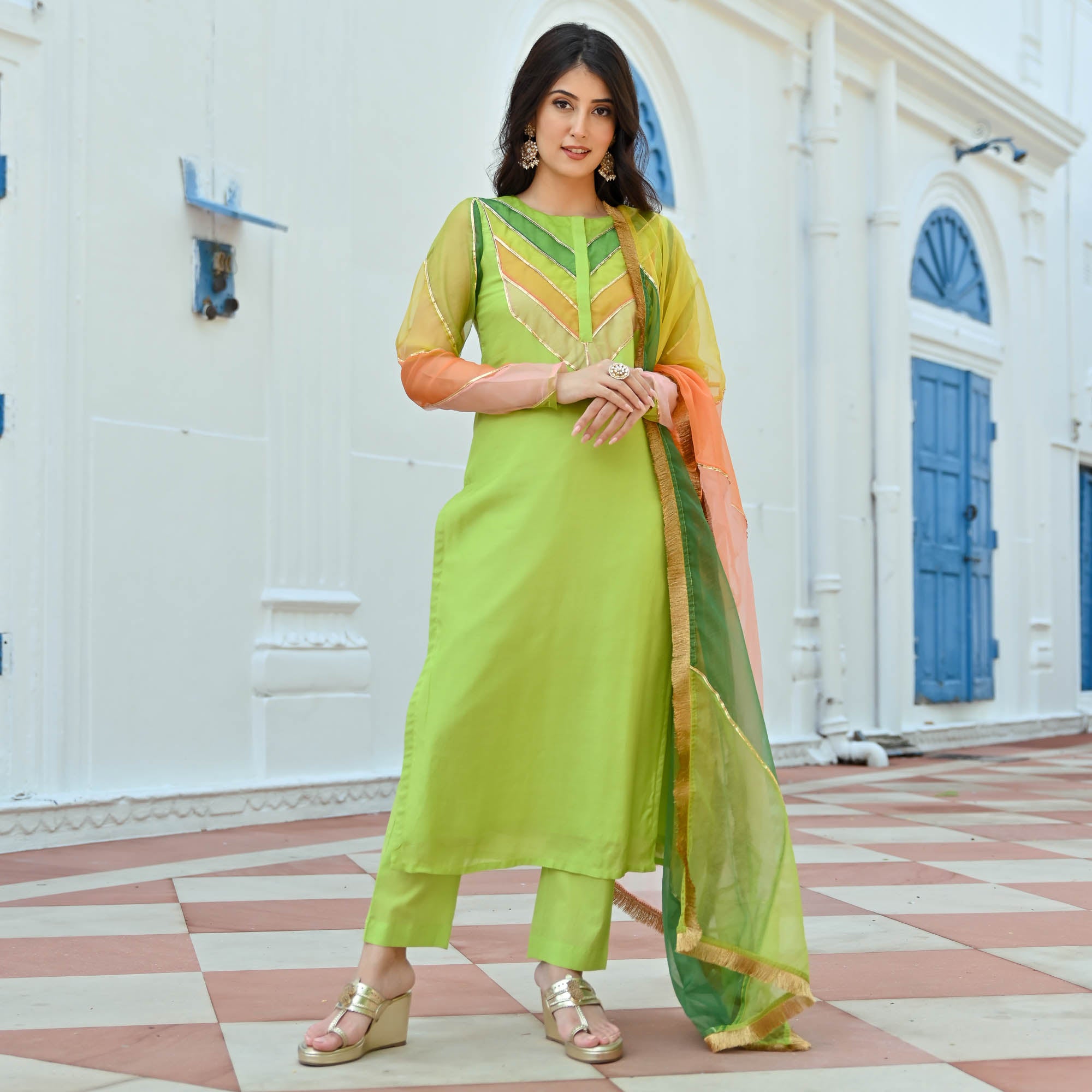 Green Multicolor Straight Suit Set for Women Online