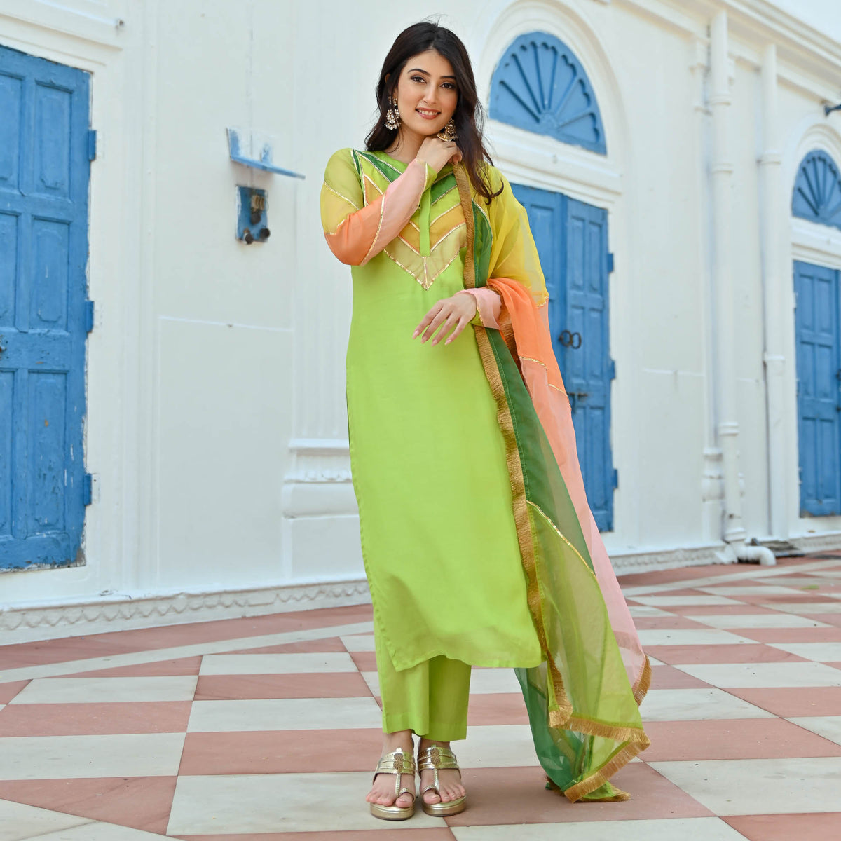 Plus Size Green Solid Chanderi Suit Set