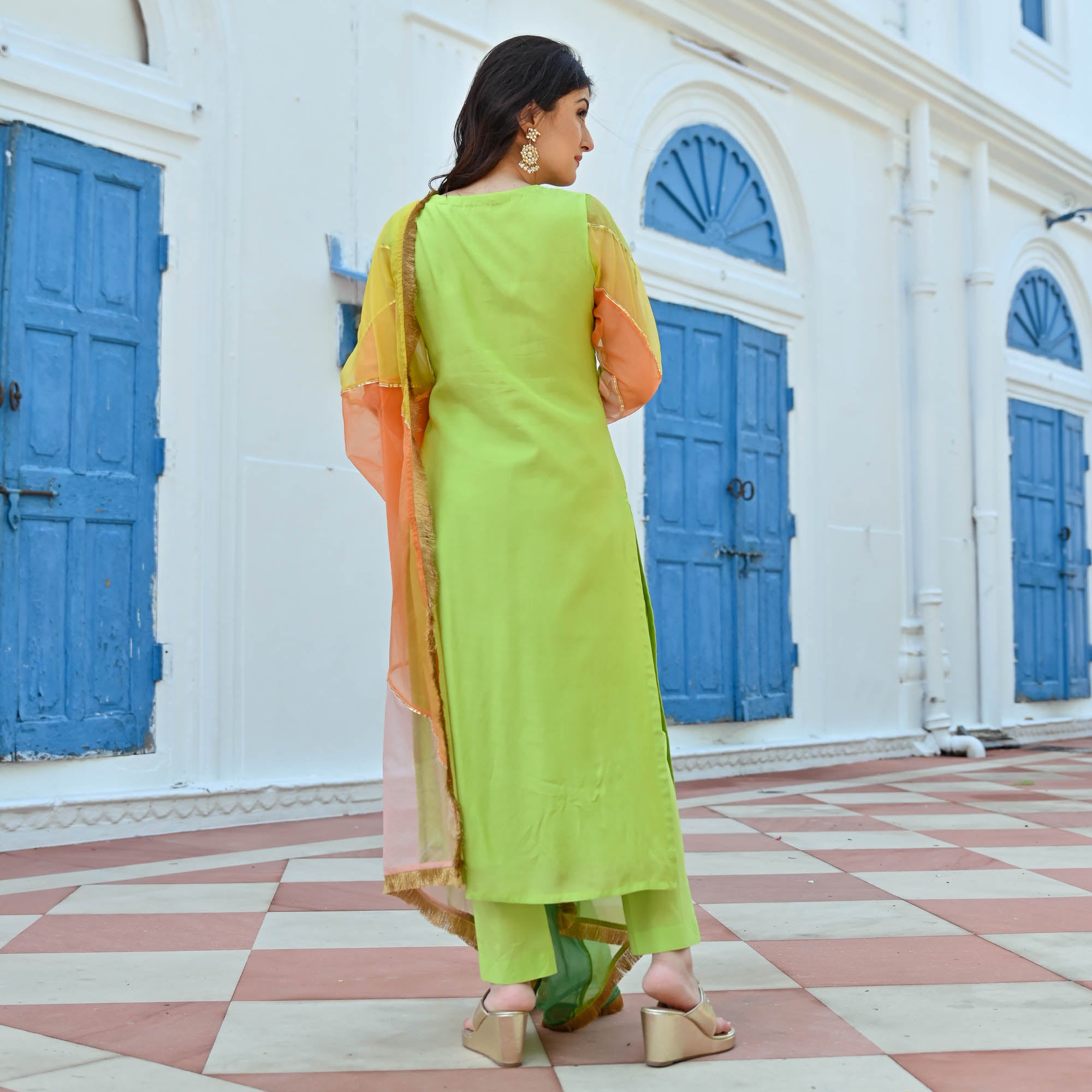 Green Multicolor Straight Suit Set for Women Online