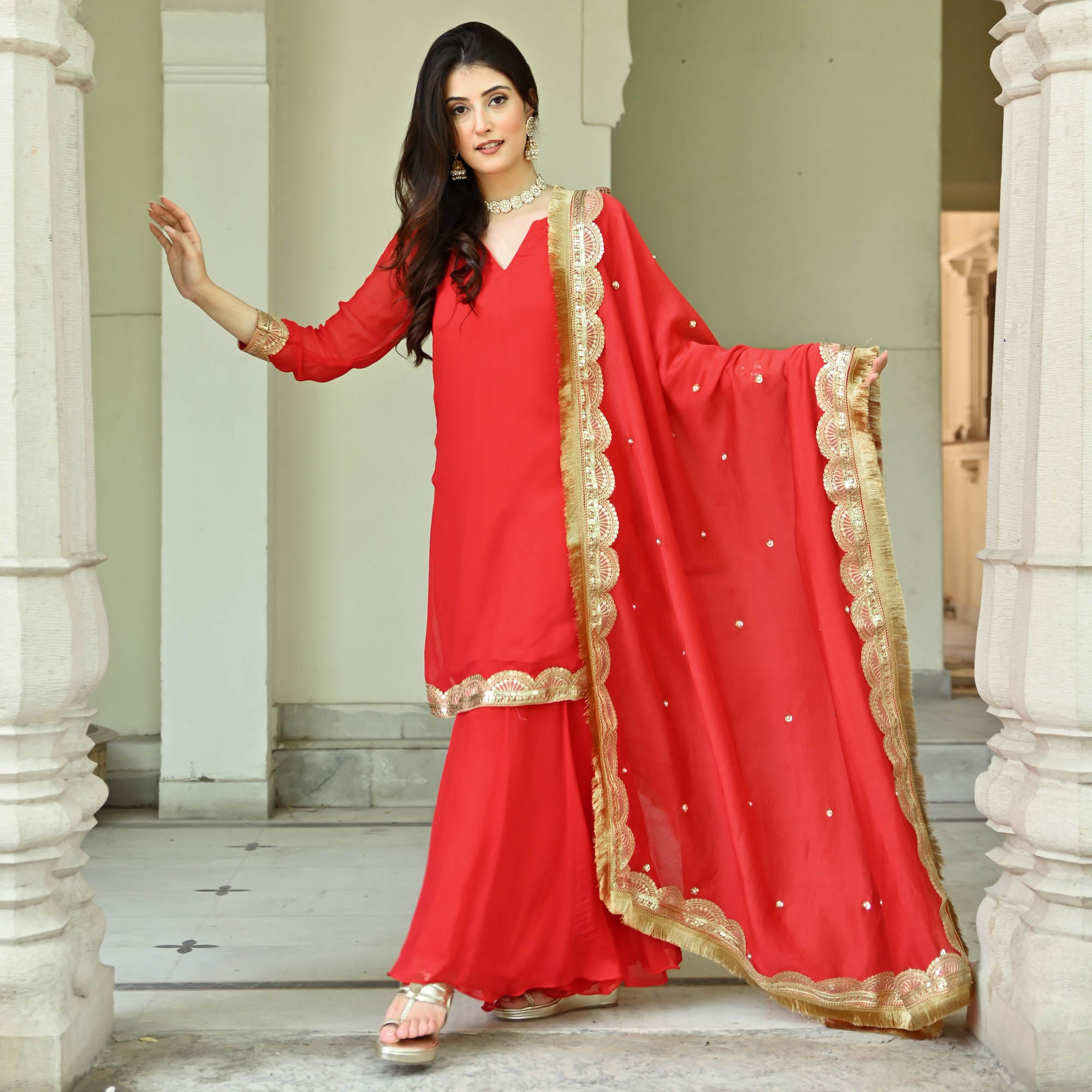 Dilbar Red Moti Handwork Designer Sharara Suit Set for Women Online