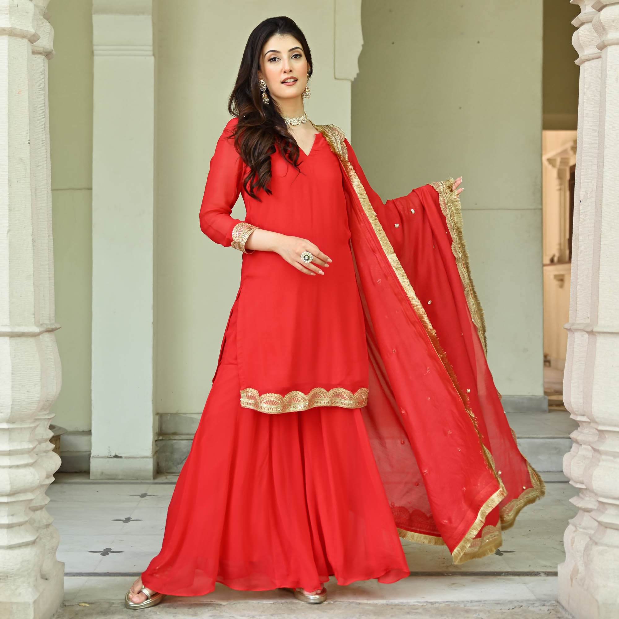 Red Moti Handwork Sharara Set for Women Online