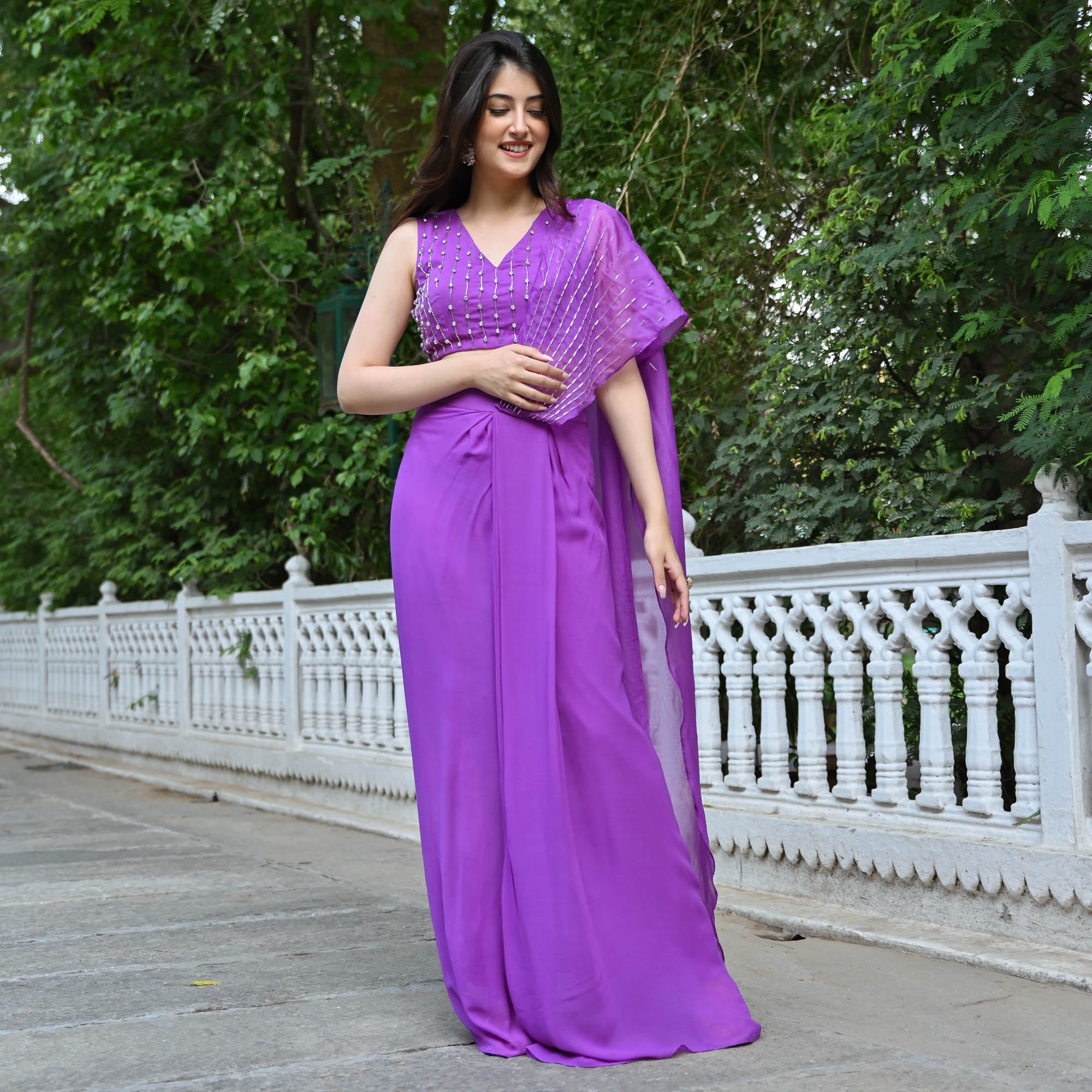 Viola Violet Designer Sequin Georgette Drape Saree Online