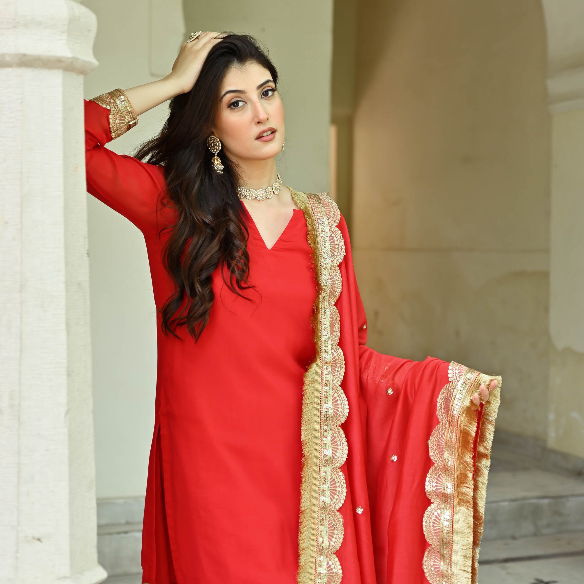 Red Moti Handwork Sharara Set for Women Online