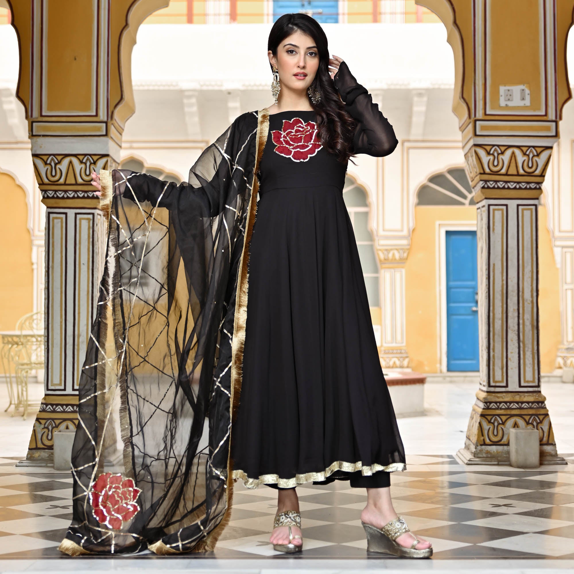 Black Rose Designer Full Sleeve Georgette Suit Set for Women Online