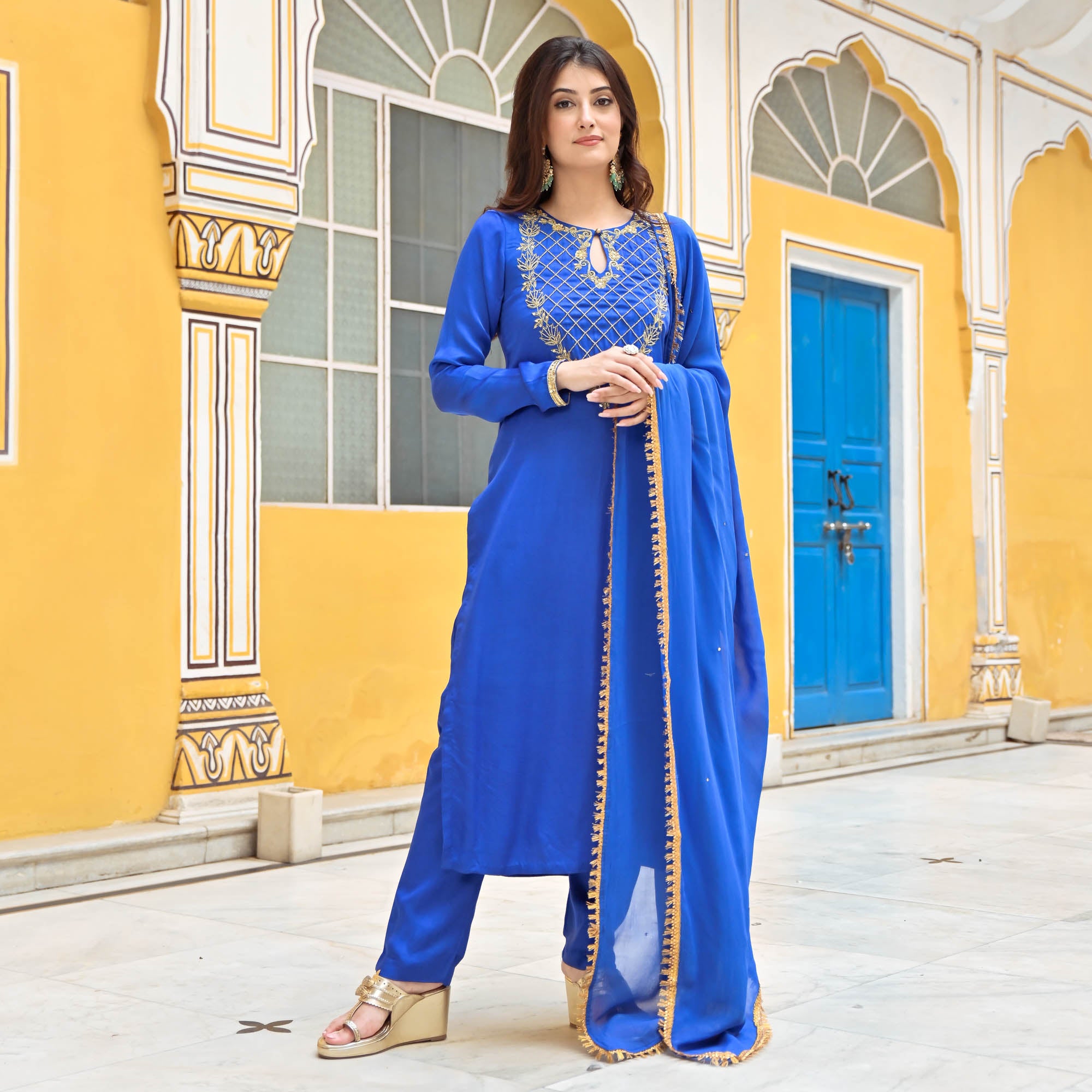 Aisha Blue Designer Full Sleeve Satin Suit Set for Women Online