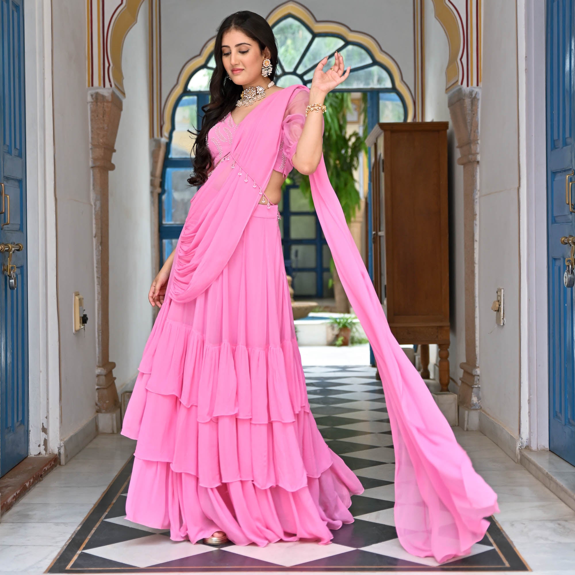 Camellia Pink Designer Sequin Georgette Drape Saree Online