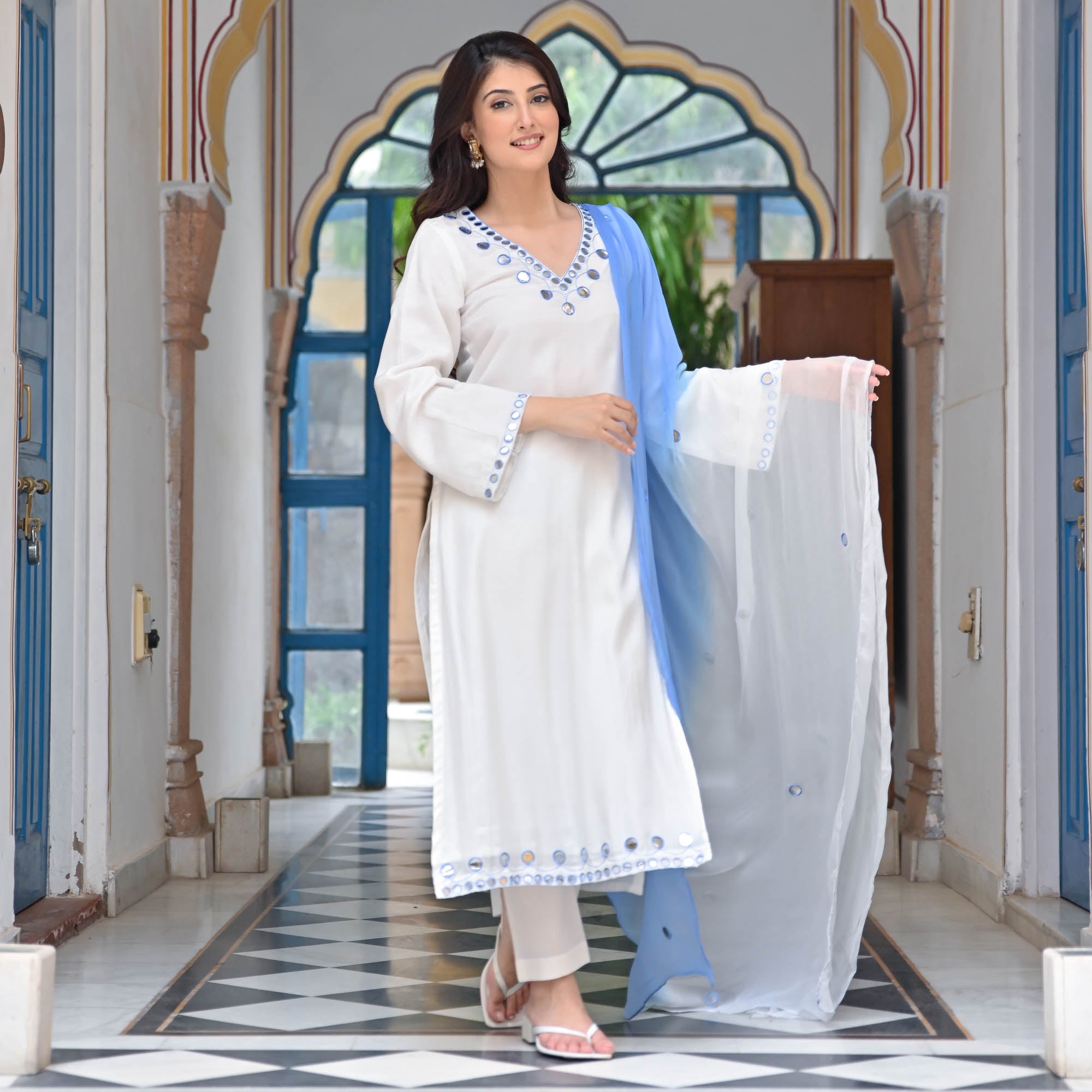 Nabh White Designer Cotton Silk Suit Set for Women Online