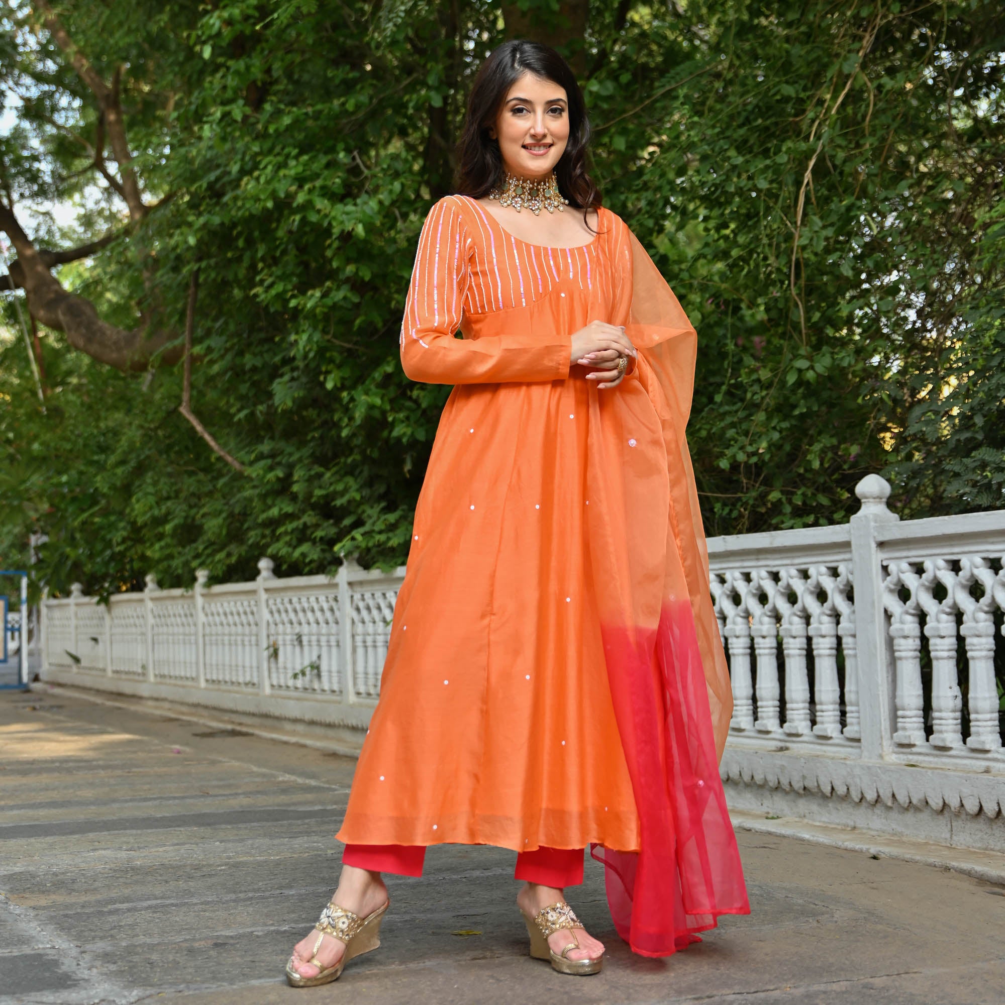 Narangi Orange Designer Chanderi Anarkali Suit Set for Women Online