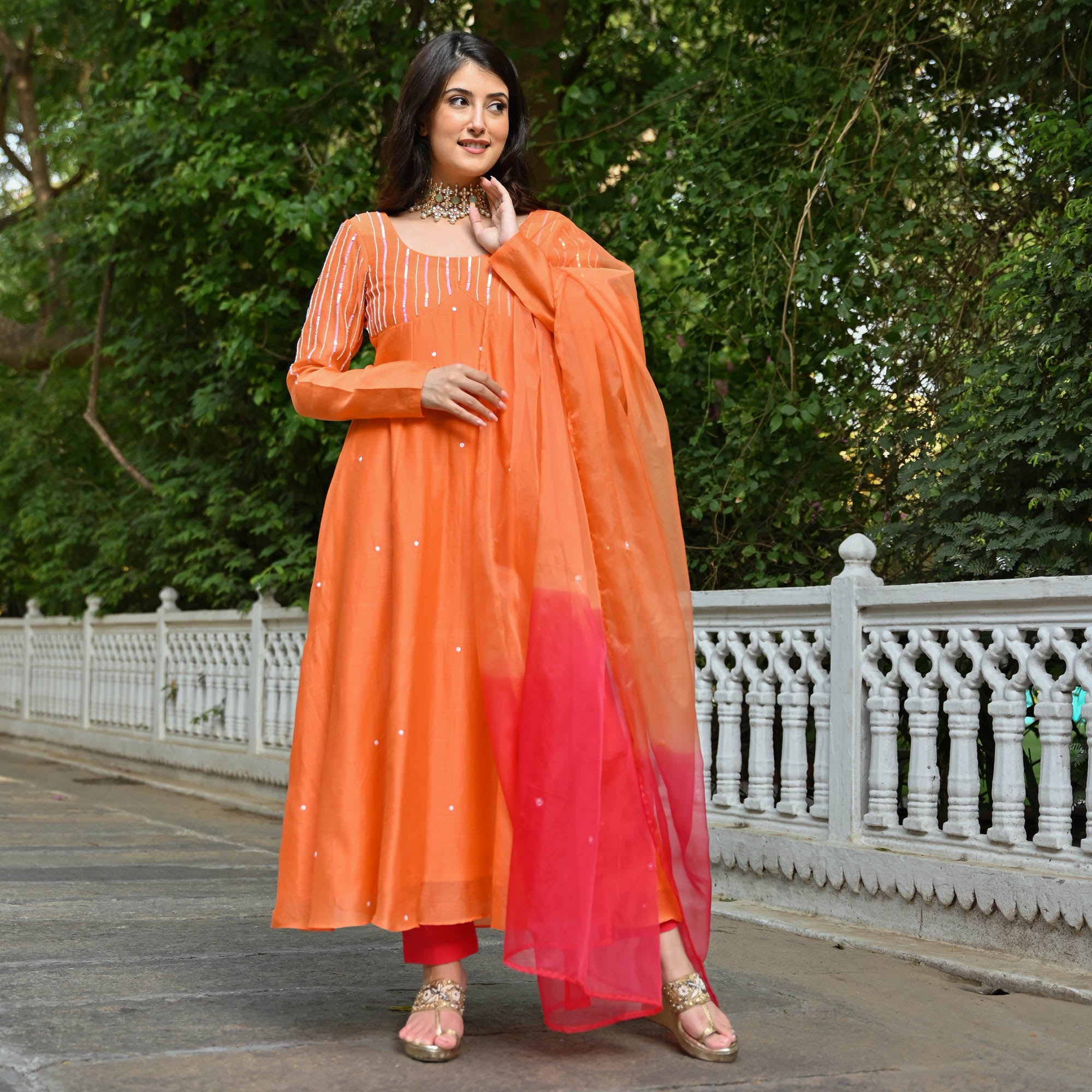 Orange Sequin work Anarkali Suit Set for Women Online