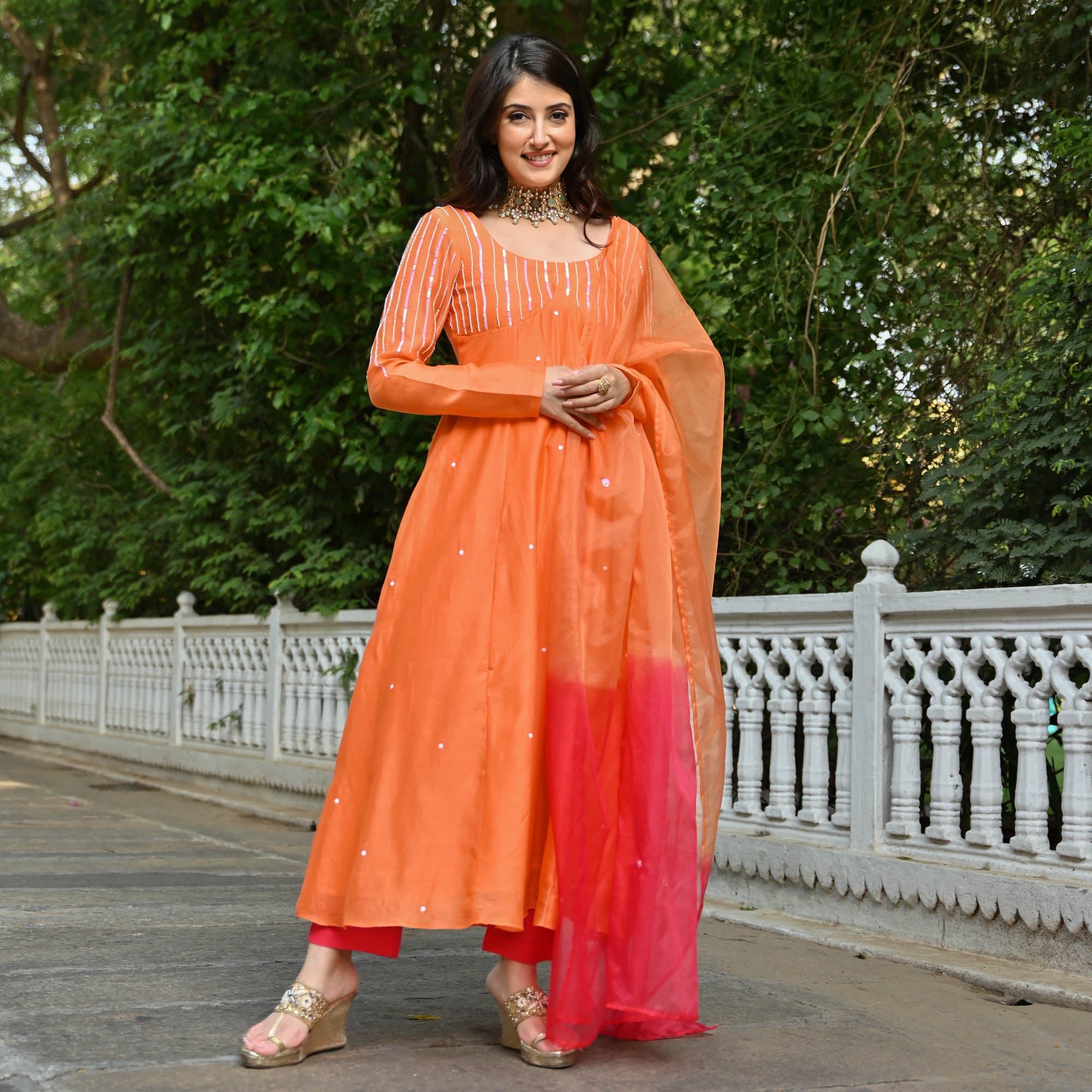 Narangi Orange Designer Chanderi Anarkali Suit Set for Women Online