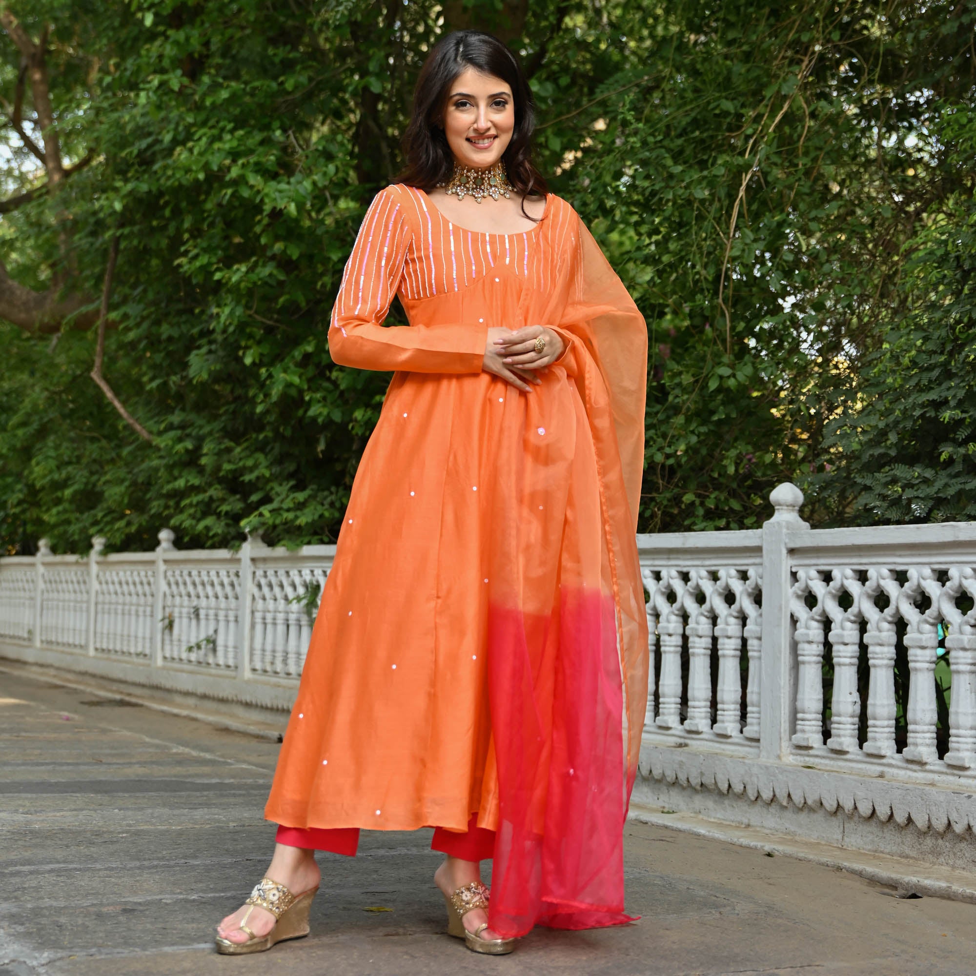 Narangi Orange Designer Chanderi Anarkali Suit Set for Women Online