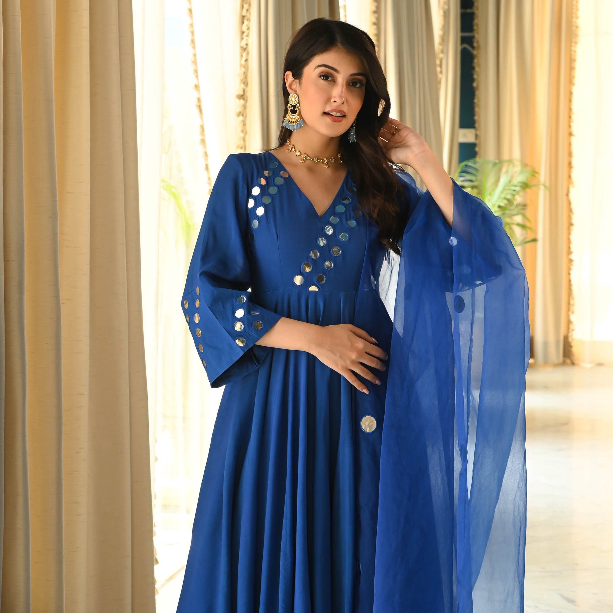 Blue Mirror Handwork Anarkali Suit for Women Online