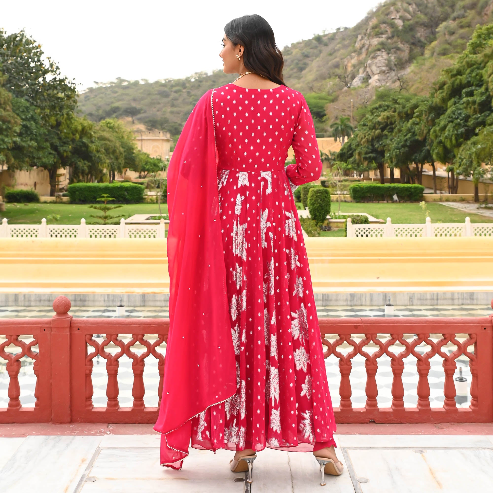 Pink Jacquard Anarkali Suit Set for Women Online