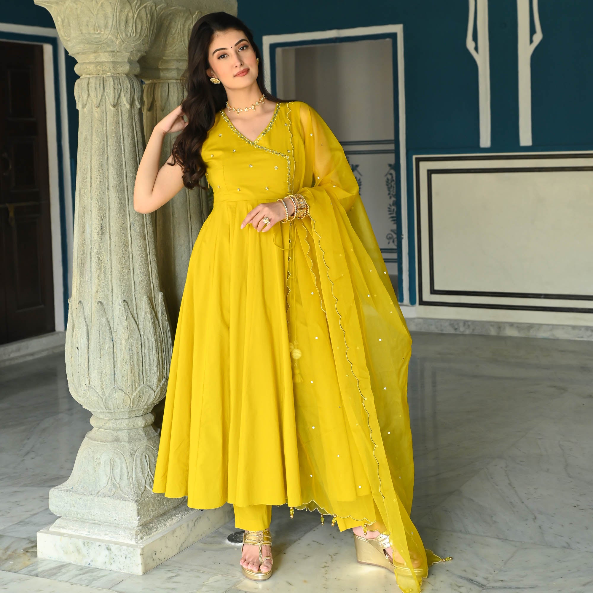 Yellow Cut Sleeves Anarkali Suit Set for Women Online