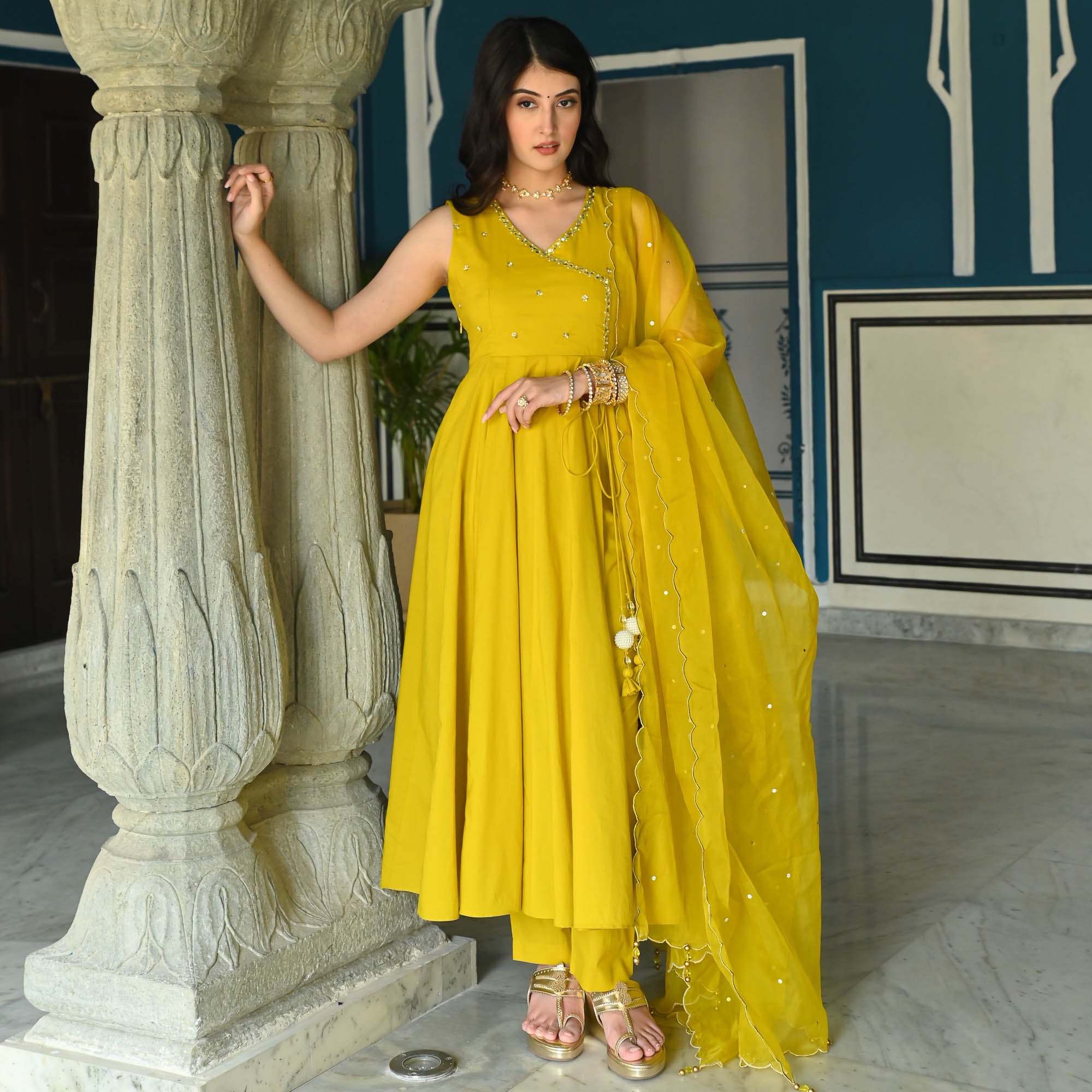 Yellow Cut Sleeves Anarkali Suit Set for Women Online