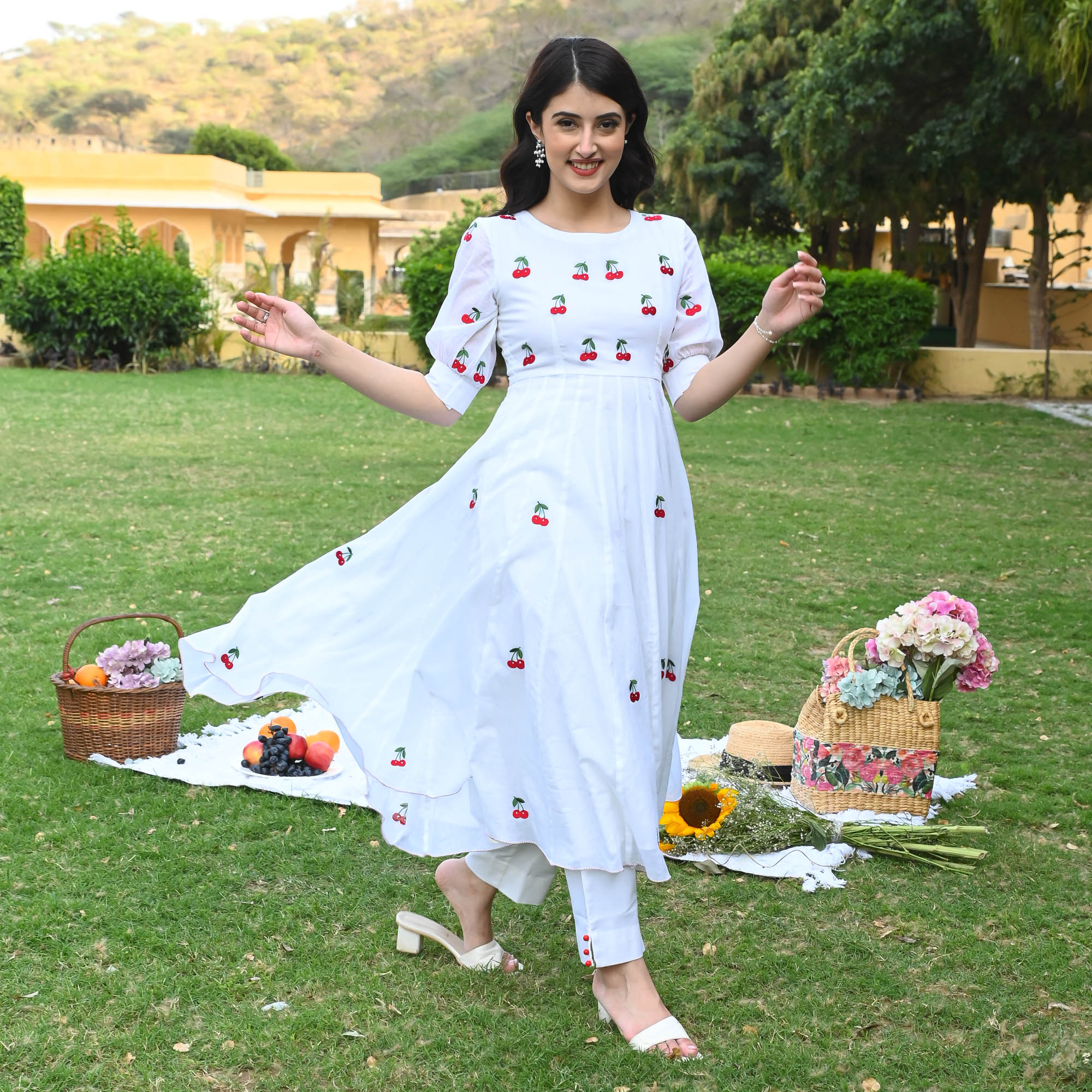 Cherry Embroidered White Kurta Set for women online