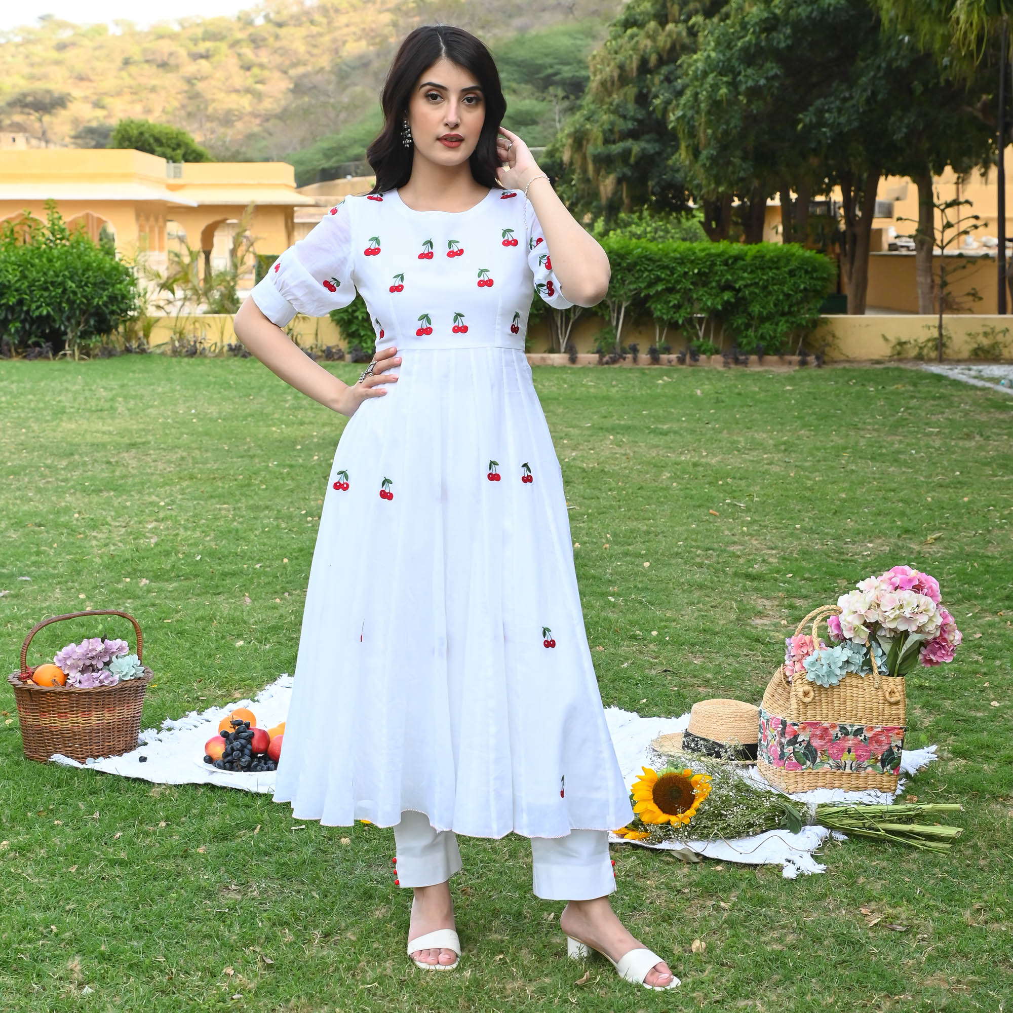 Cherry Embroidered White Kurta Set for women online
