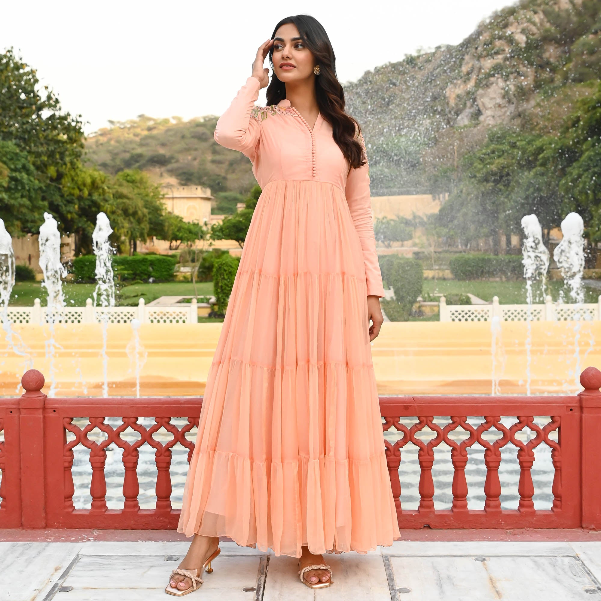Cotton Candy Peach Designer Chiffon Dress for Women Online UrbanStree Cotton Candy Peach Designer Chiffon Dress for Women Online UrbanStree