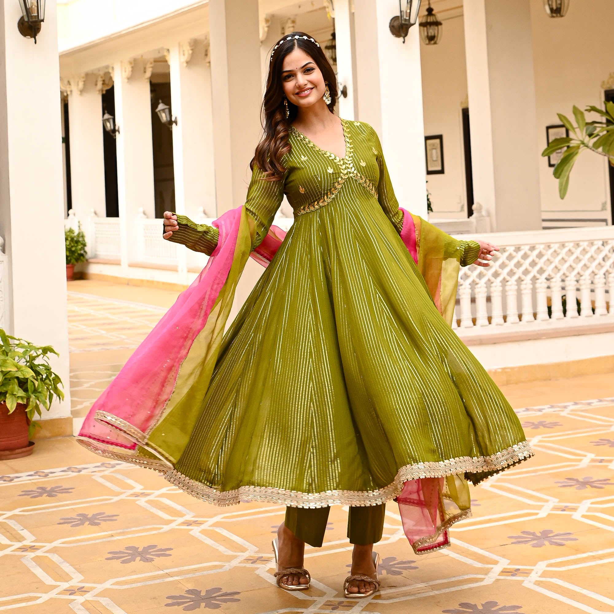 Drisha Green Full Sleeve Designer Lurex Suit Set for Women Online
