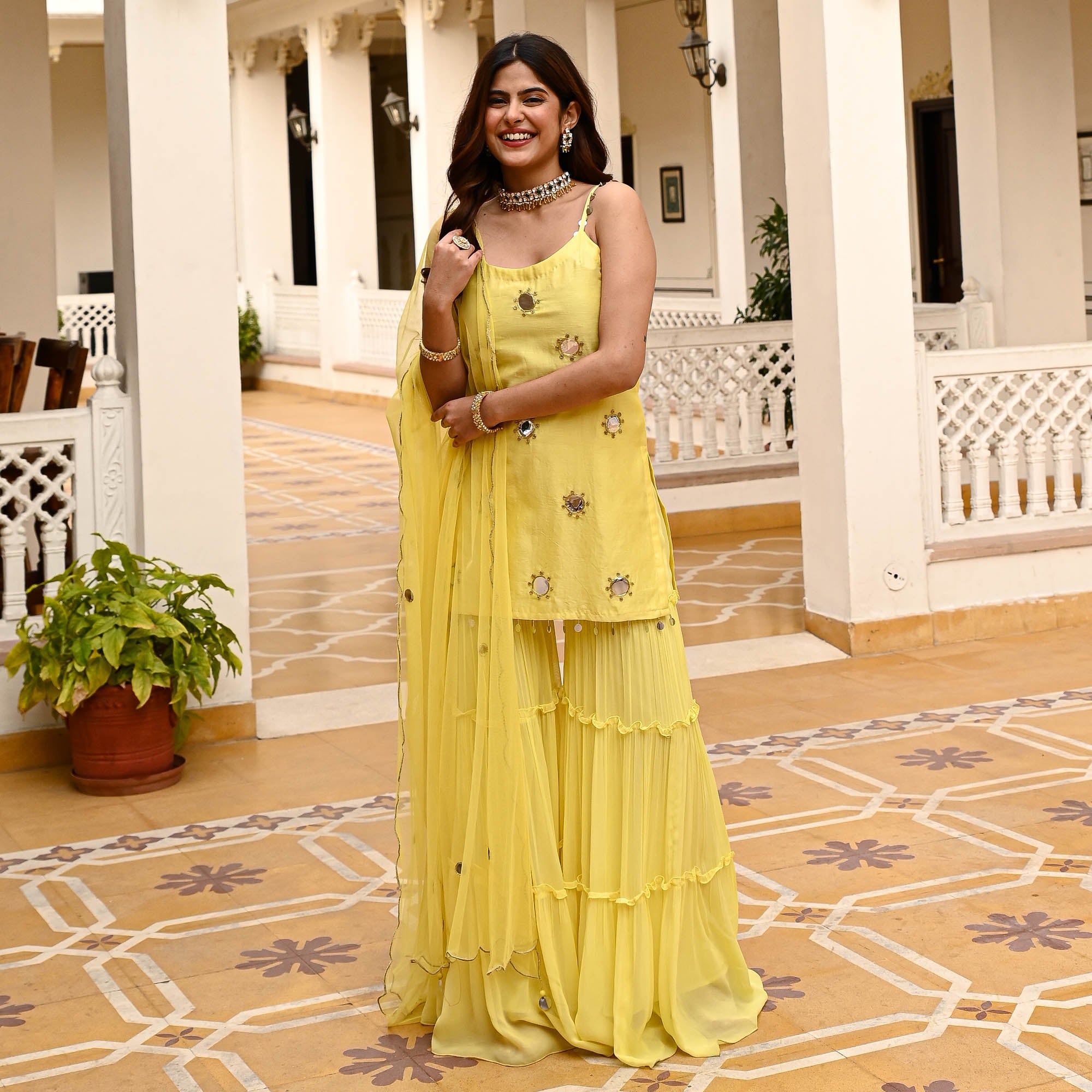 Akina Yellow Designer Chanderi Gharara Suit Set for Women Online