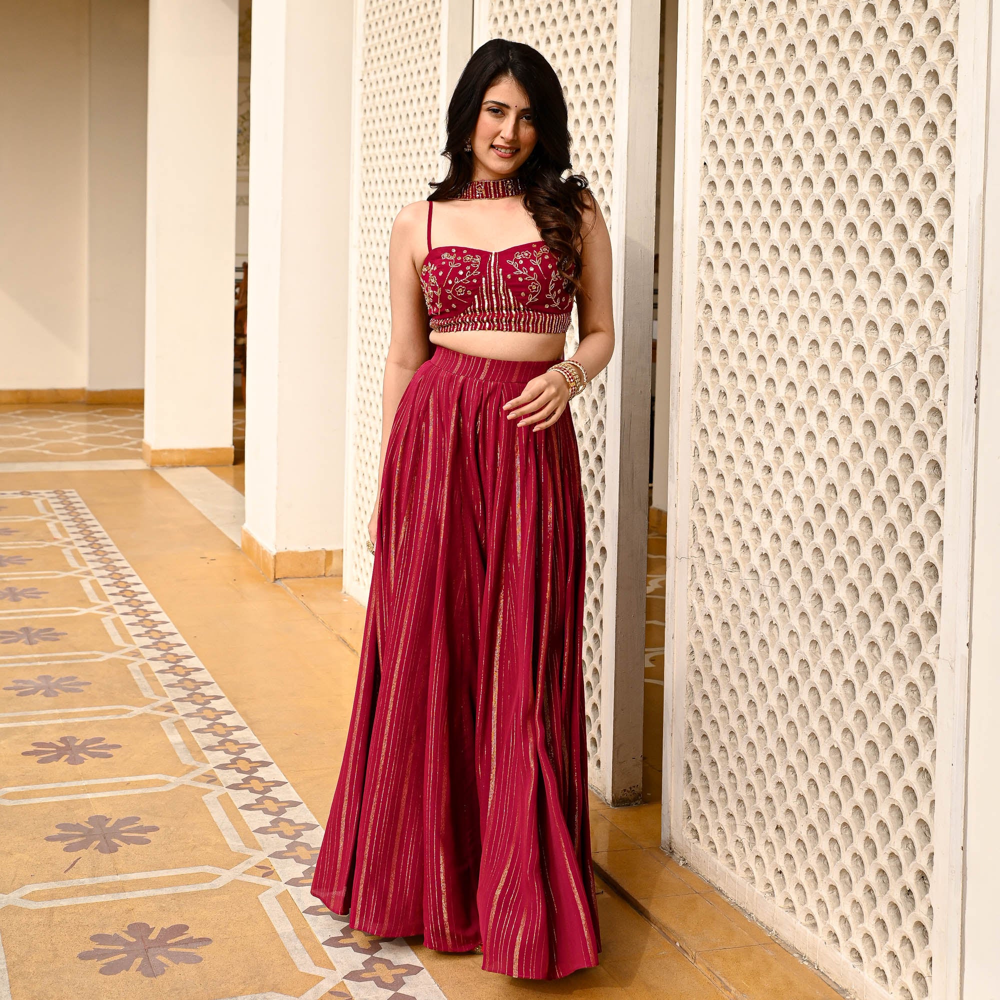 Pink Lurex Blouse with Sharara Set for Women Online