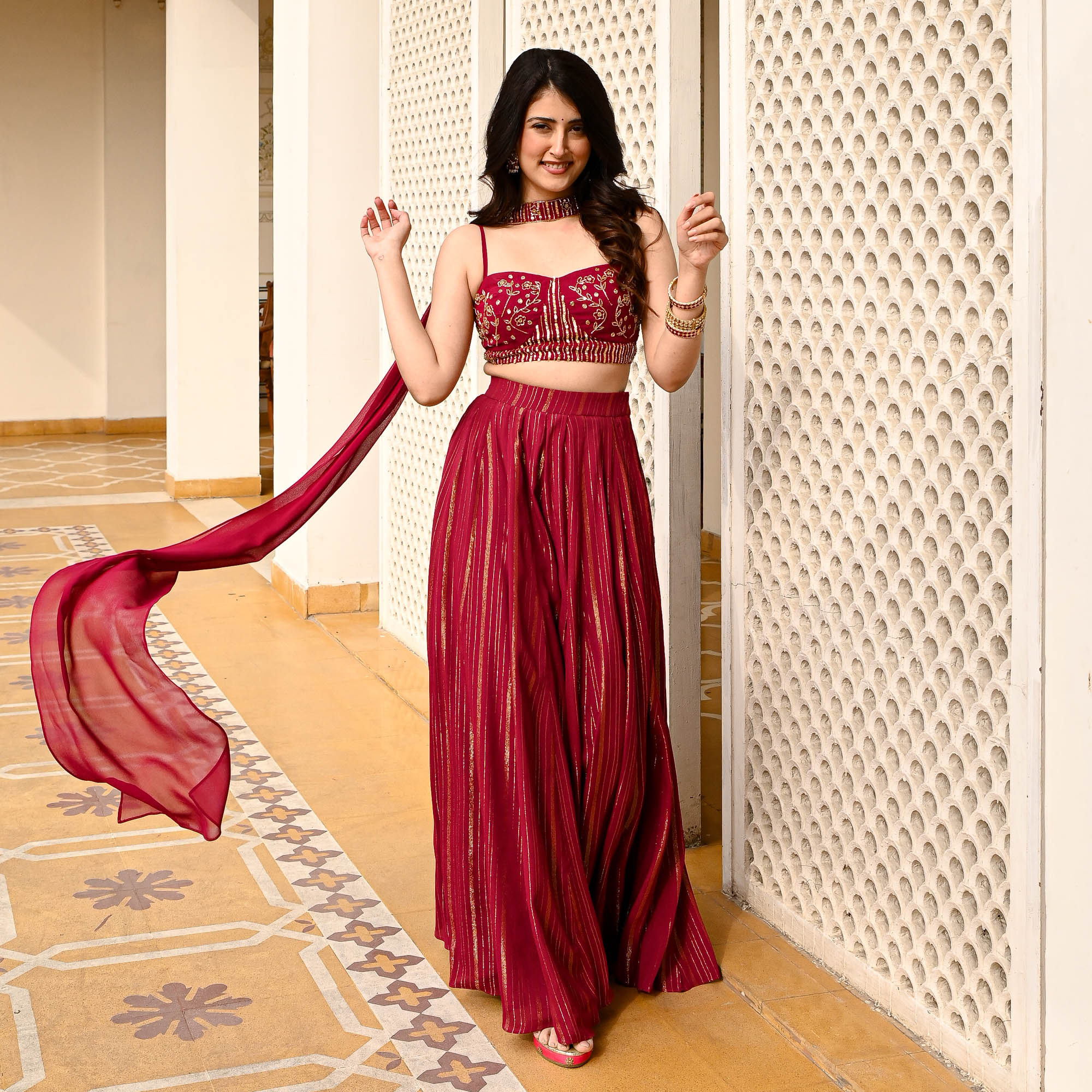 Pink Lurex Blouse with Sharara Set for Women Online
