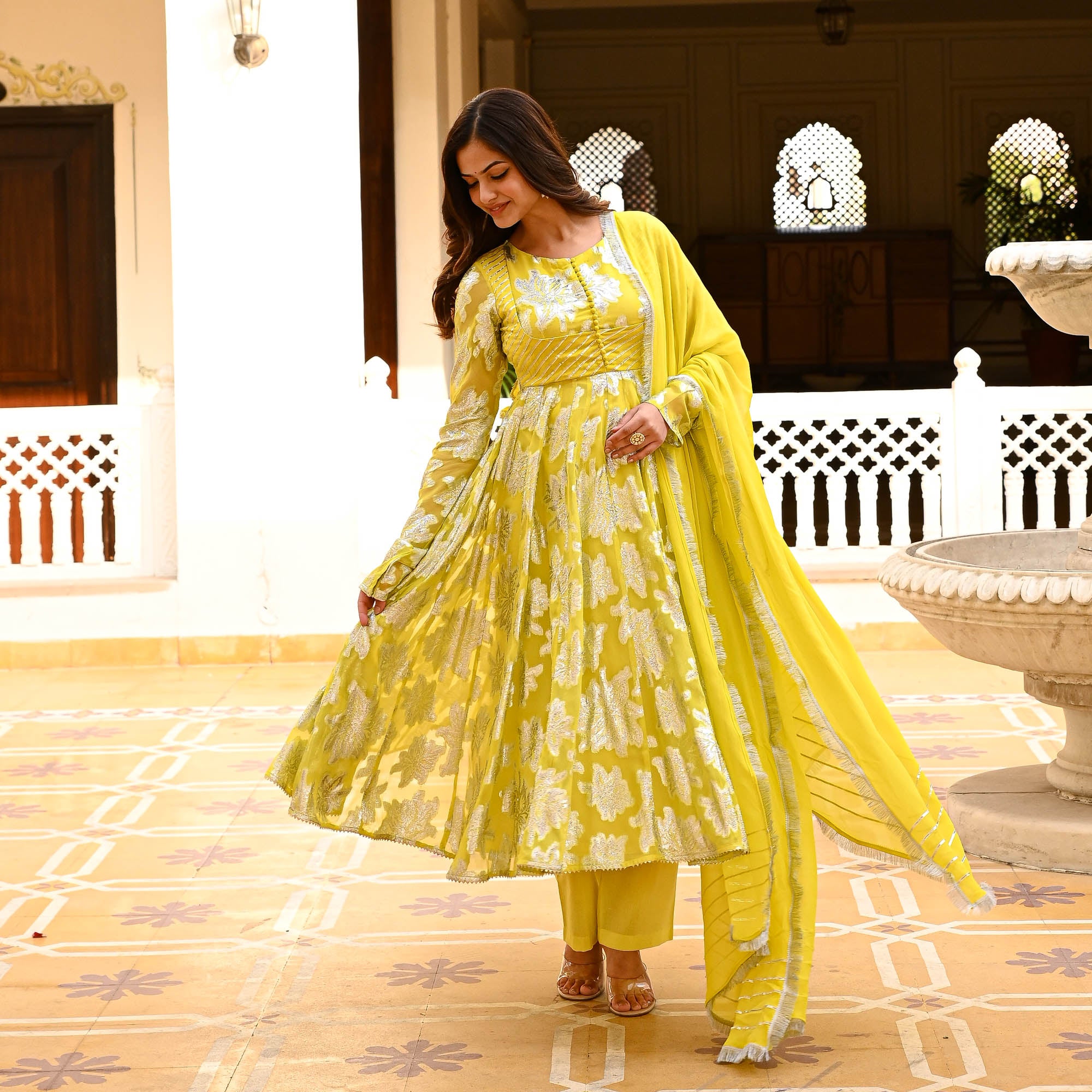 yellow jacquard suit for women online