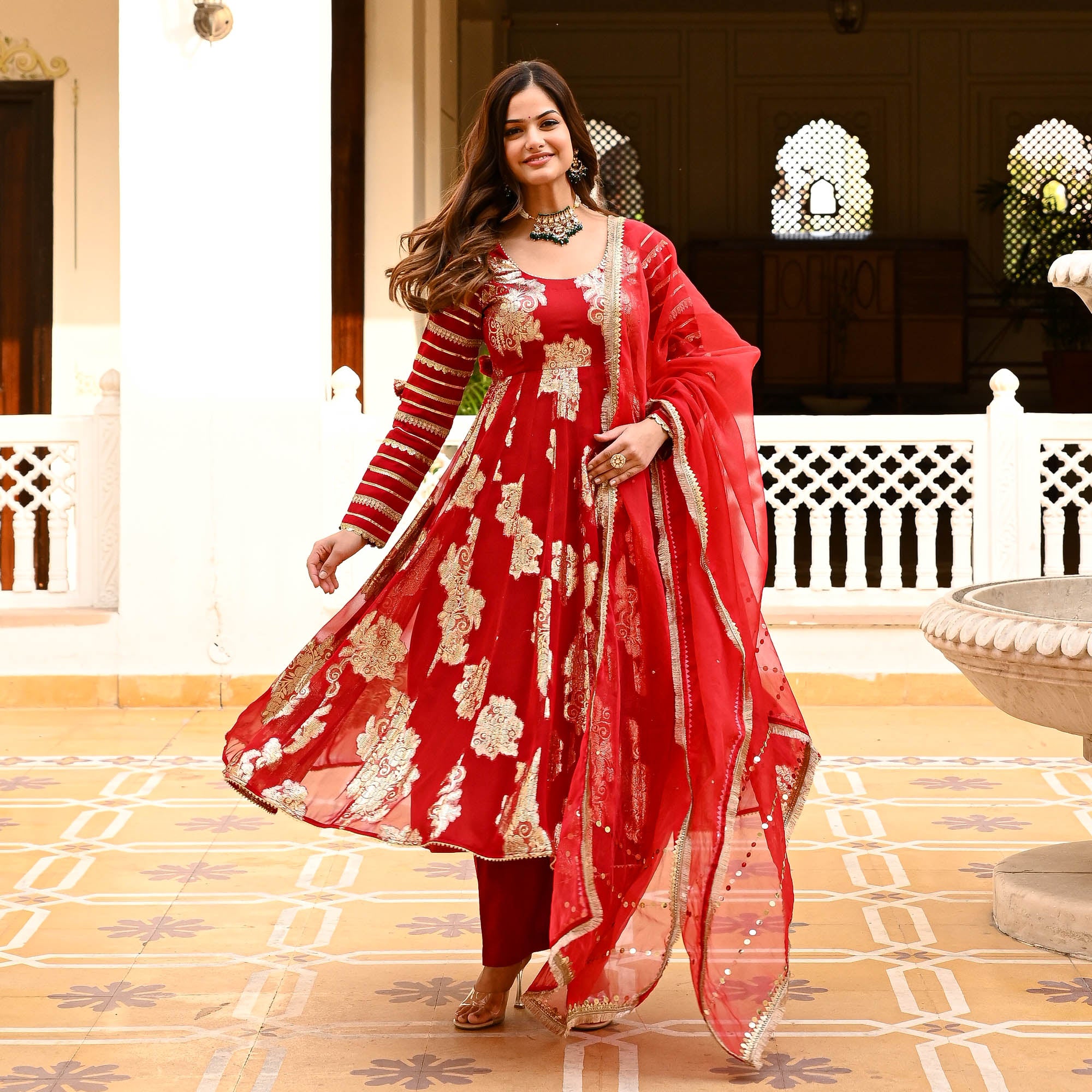 Red Jacquard Anarkali Suit for Women Online