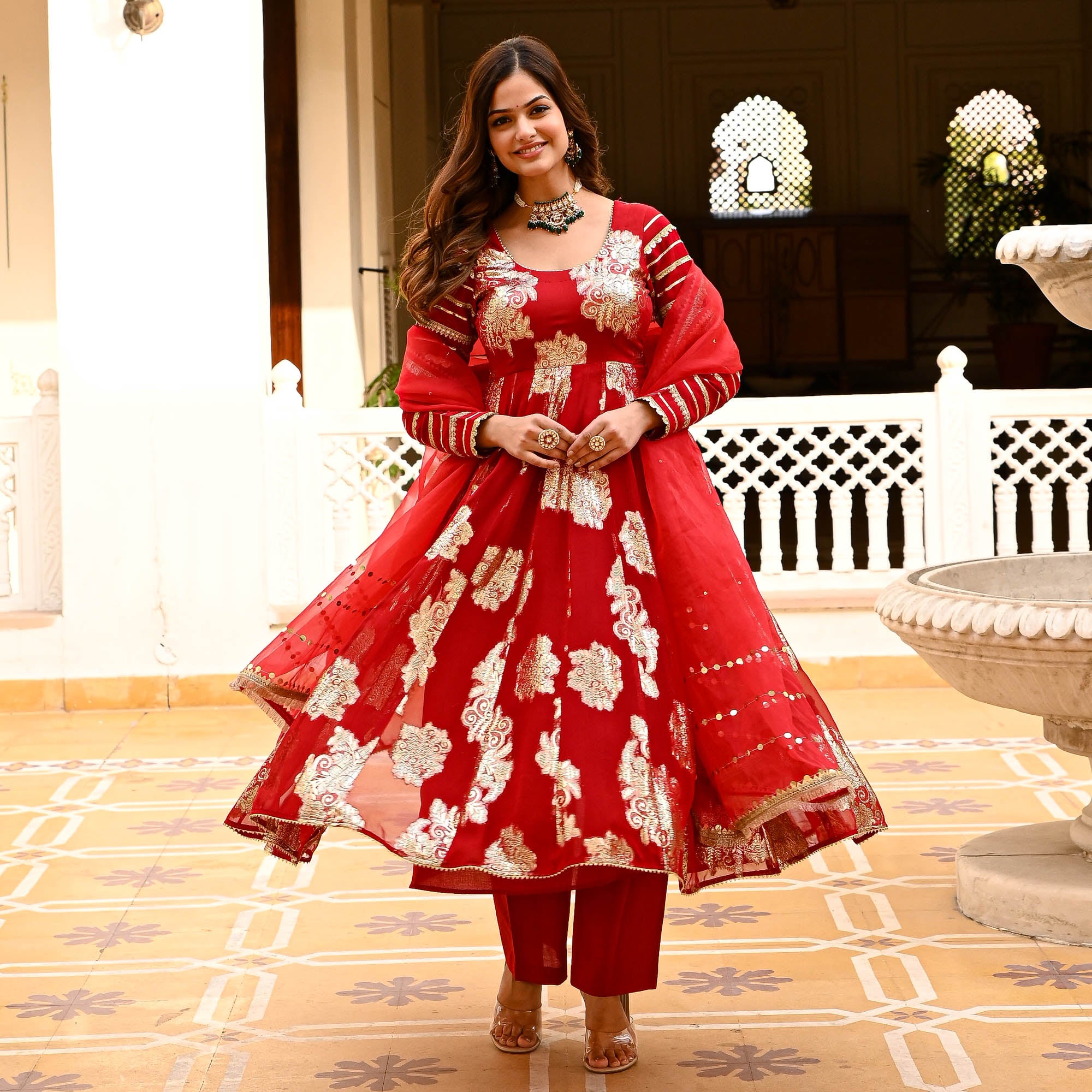 Red Jacquard Anarkali Suit for Women Online