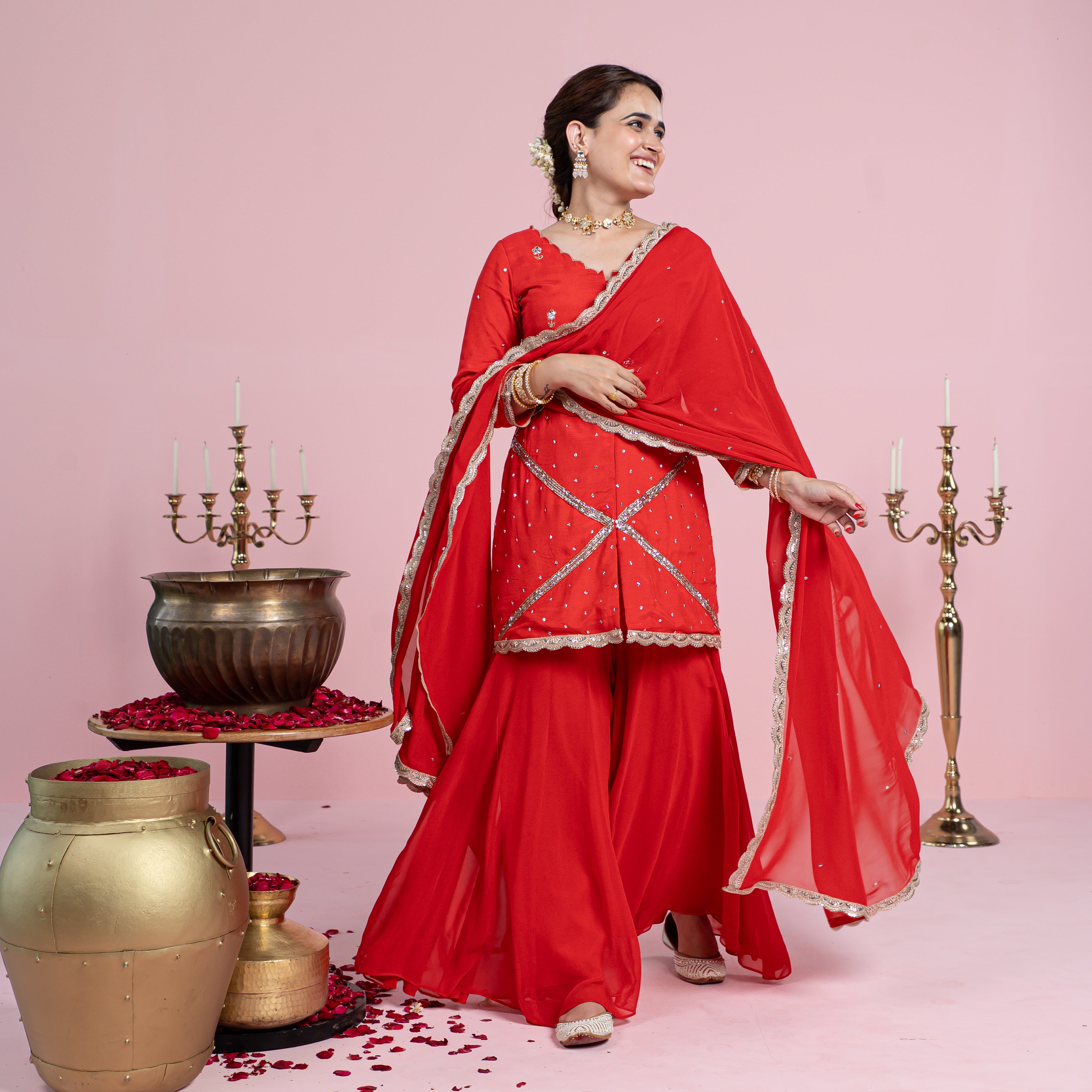 Chitra Red Cotton Silk Designer Sharara Suit Set for Women Online