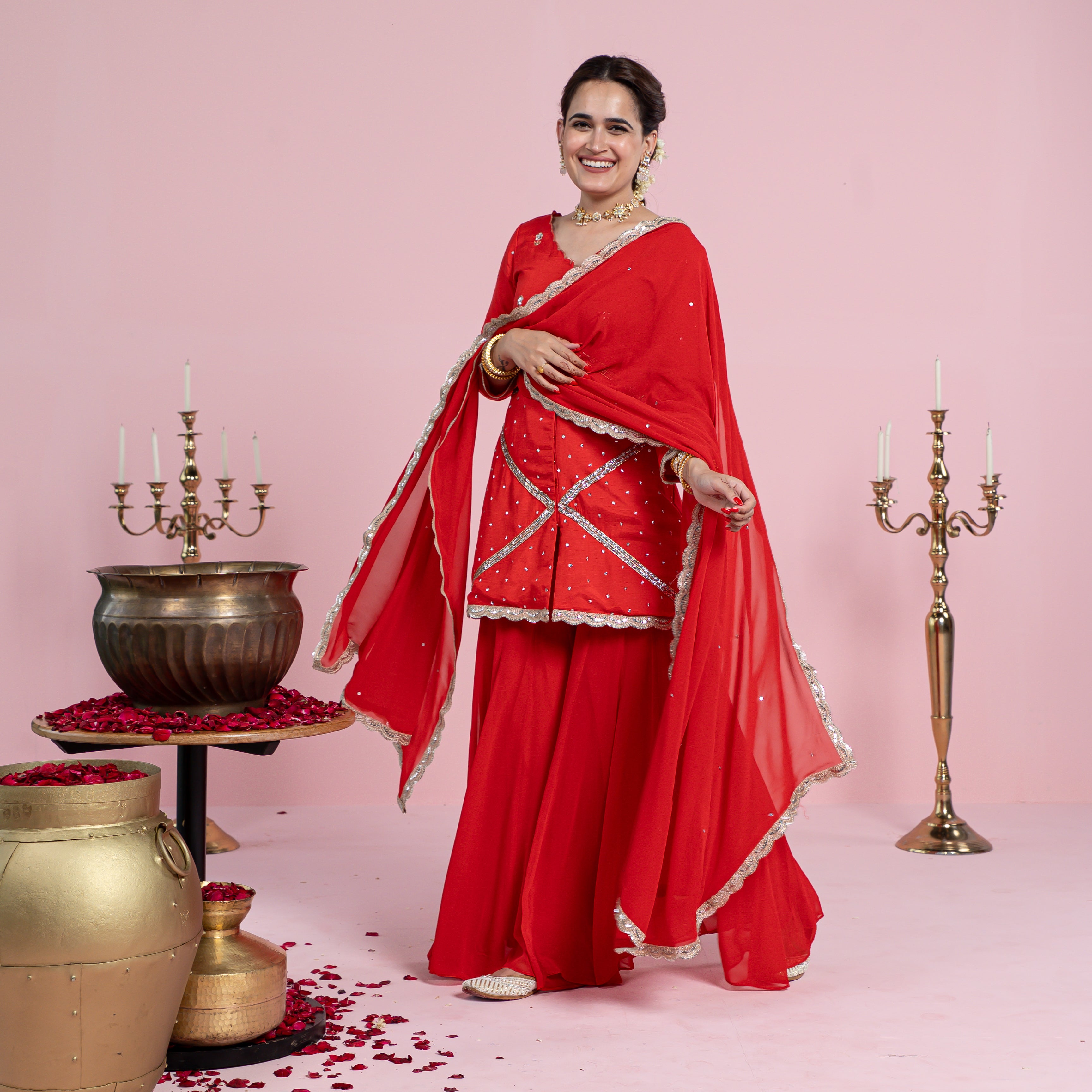 Chitra Red Cotton Silk Designer Sharara Suit Set for Women Online