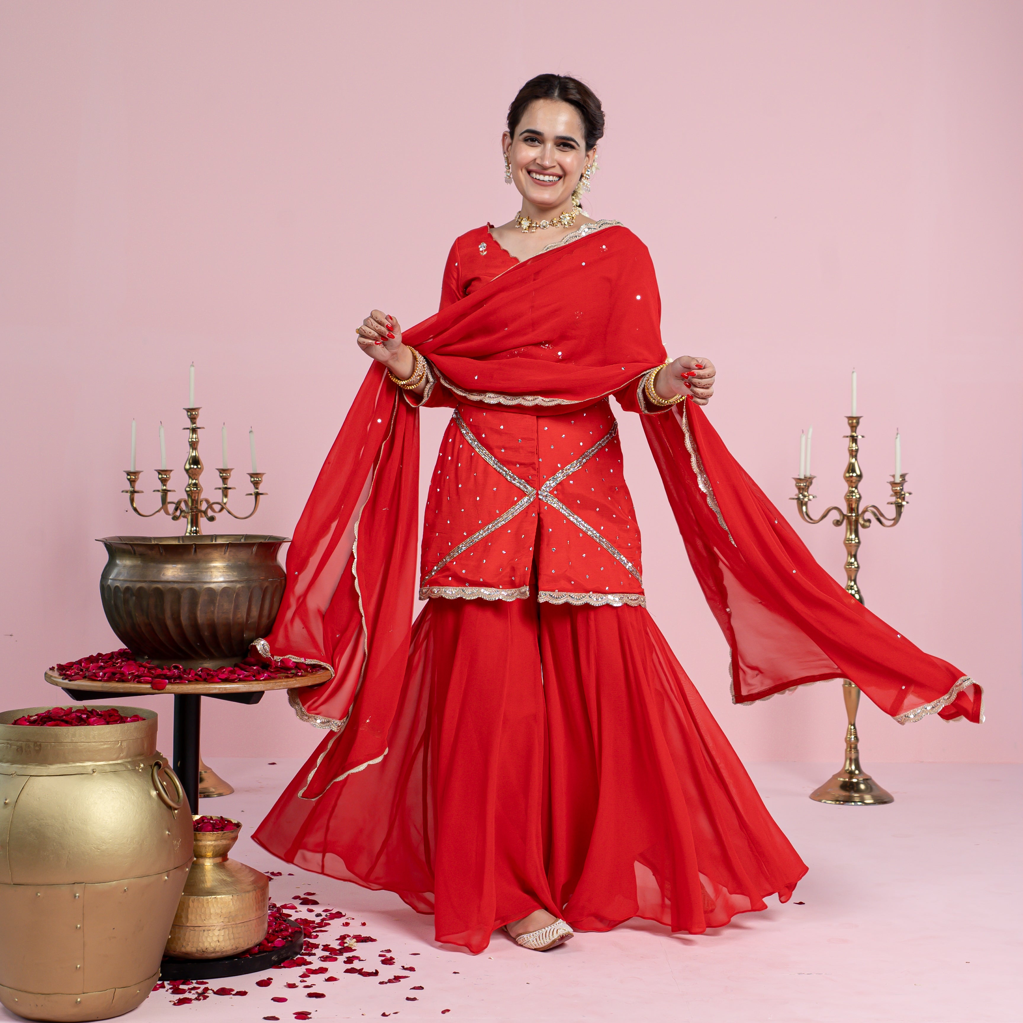 Red Cotton Silk Sharara Suit Set for Women Online