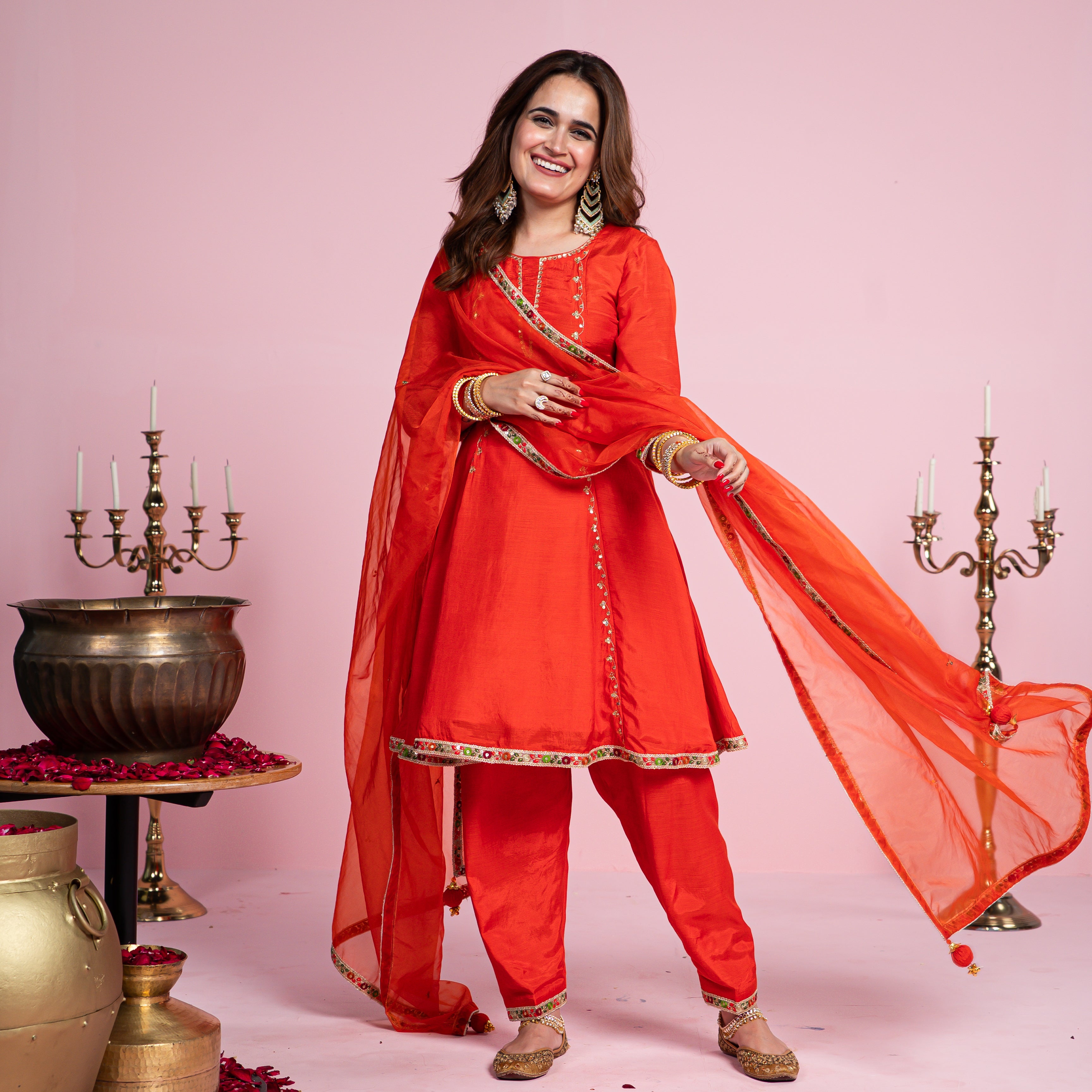 Orange Cotton SIlk Dhoti Suit Set for Women Online