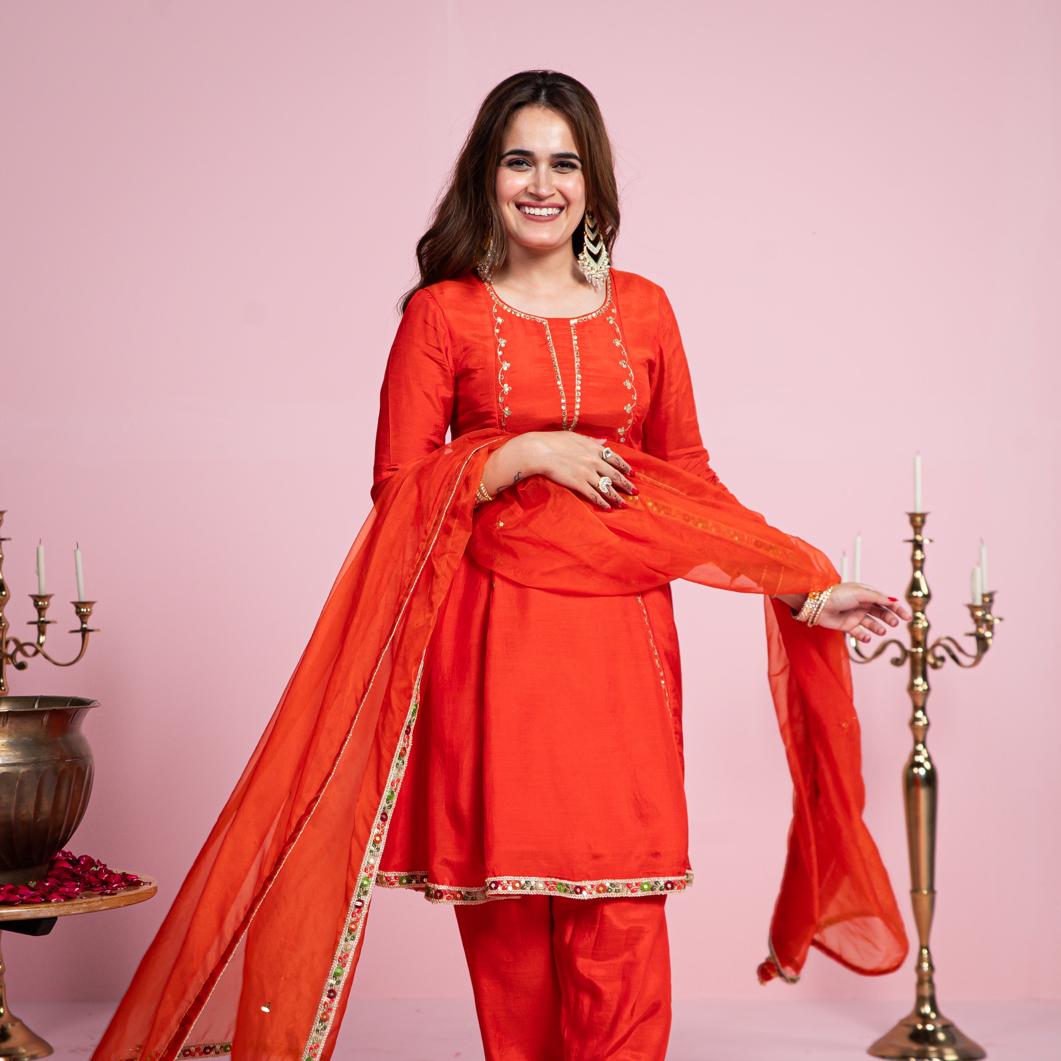 Orange Cotton SIlk Dhoti Suit Set for Women Online