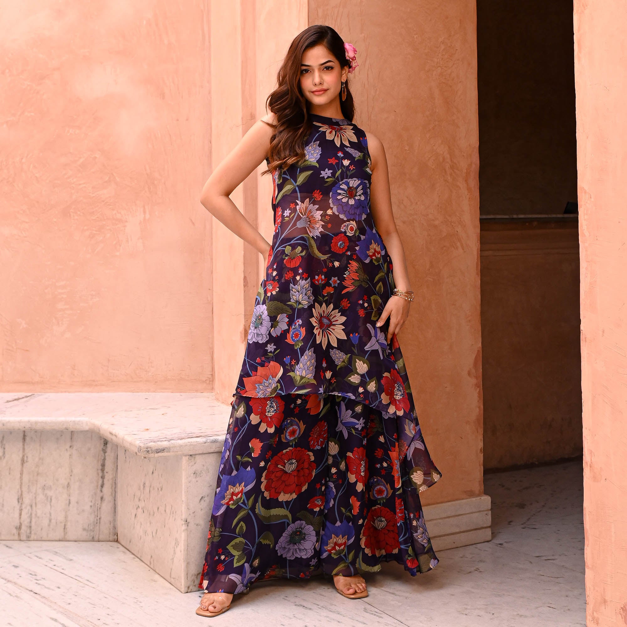 Chhaya Black Floral Print Organza Co-Ord Set For Women Online