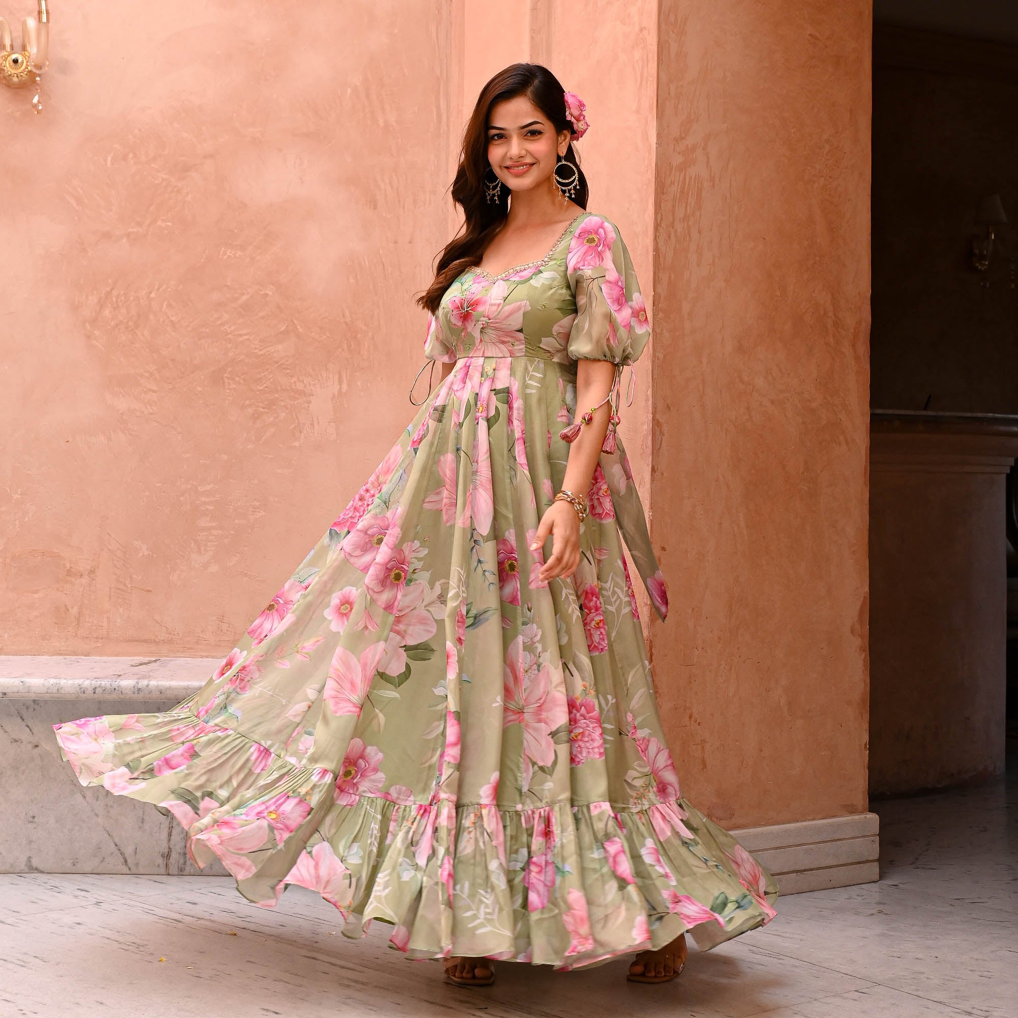 Bahara Designer Floral Green Organza Dress for Women Online