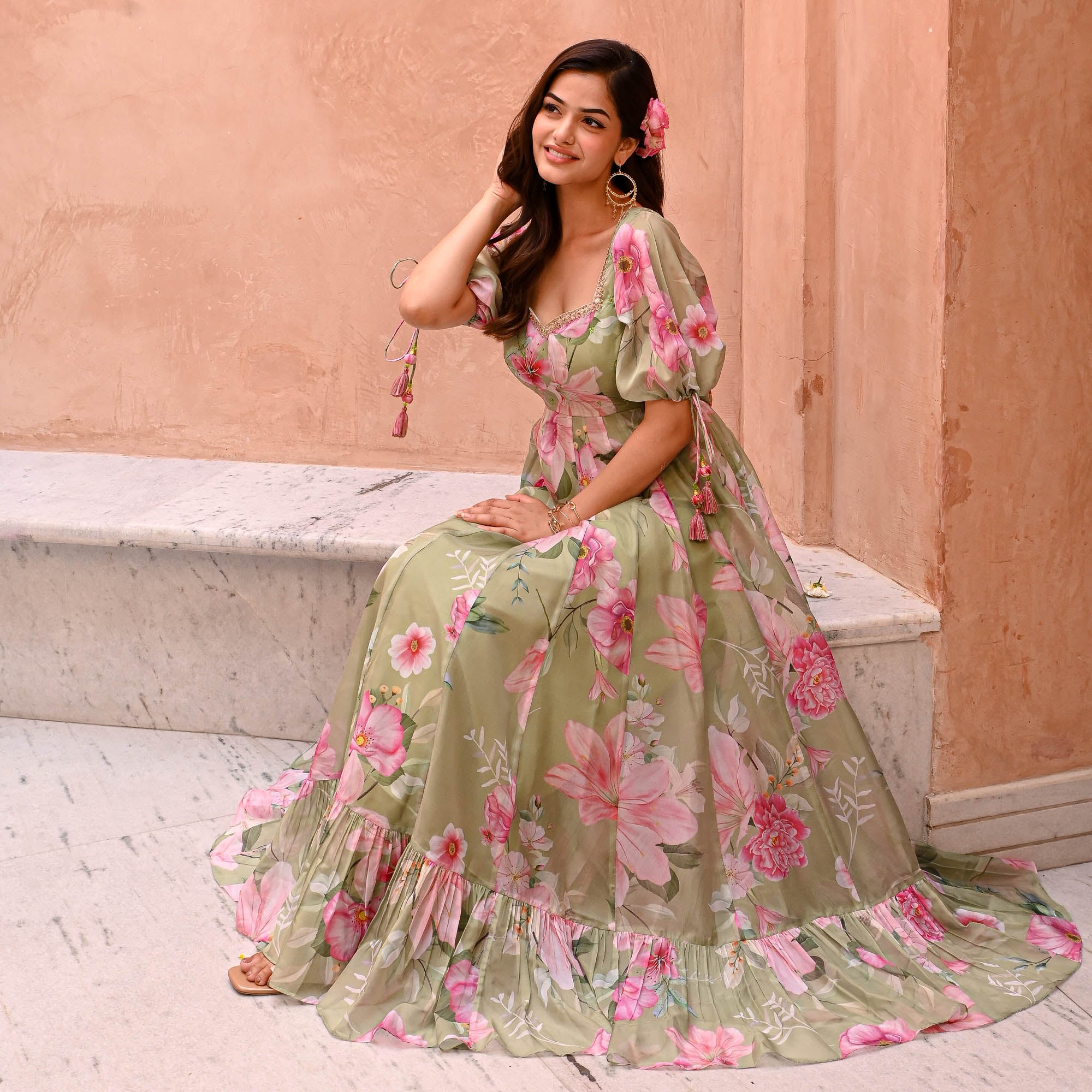 Bahara Designer Floral Green Organza Dress for Women Online UrbanStree Bahara Designer Floral Green Organza Dress for Women Online UrbanStree