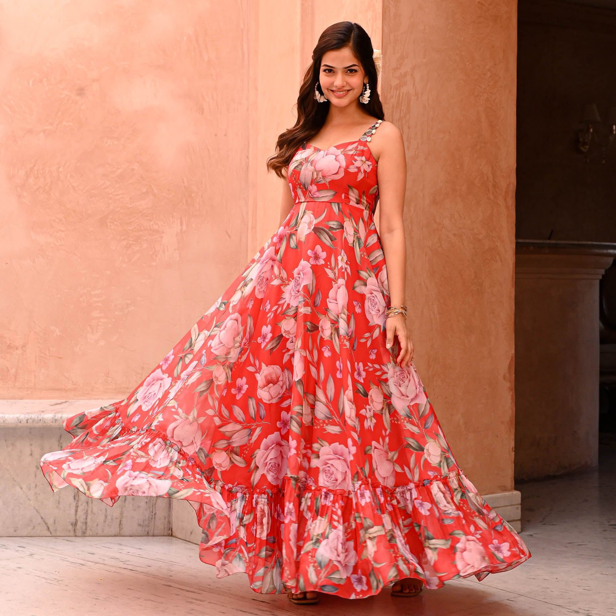 Akira Red Designer Floral Organza Dress for Women Online