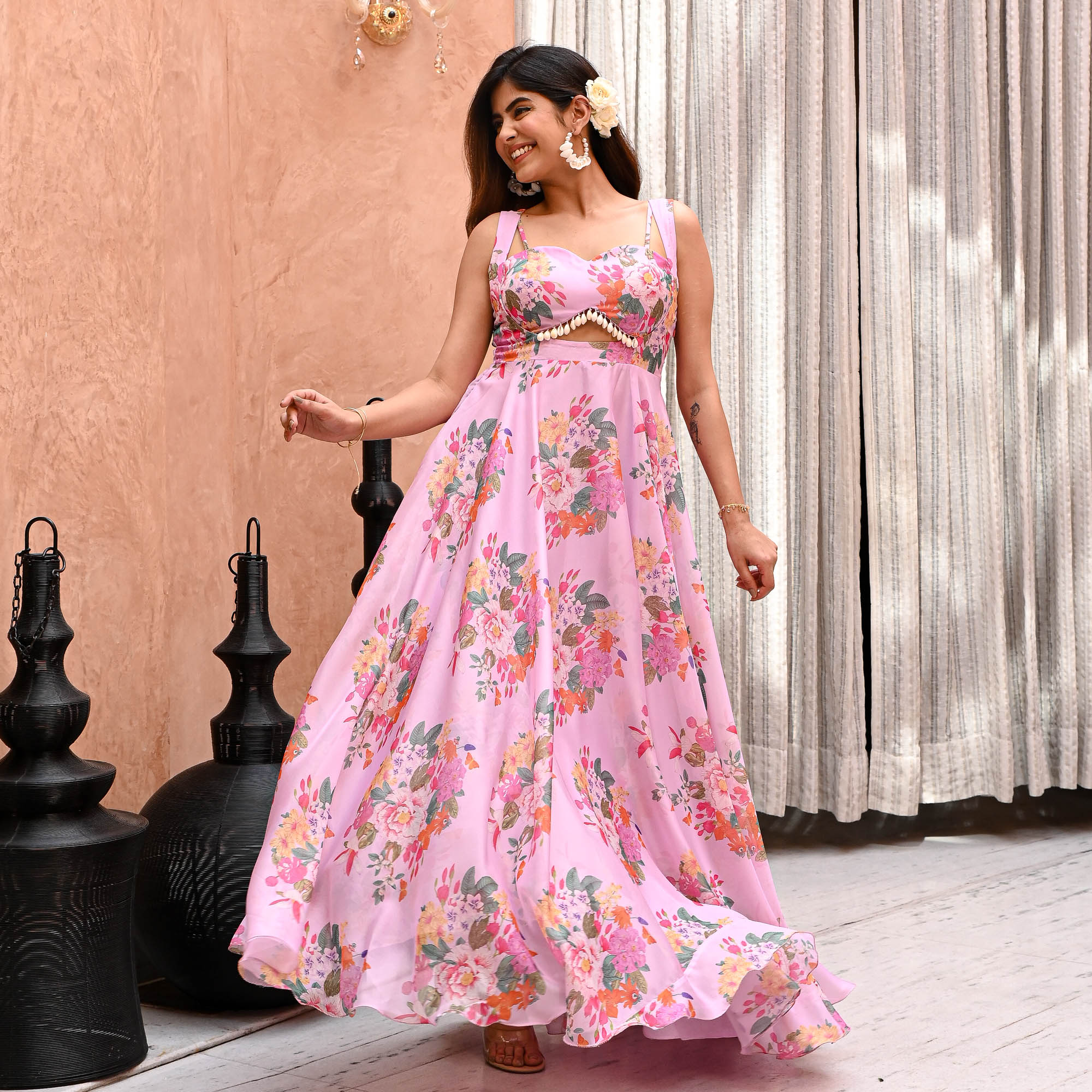 Makhna Pink Designer Floral Organza Dress for Women Online