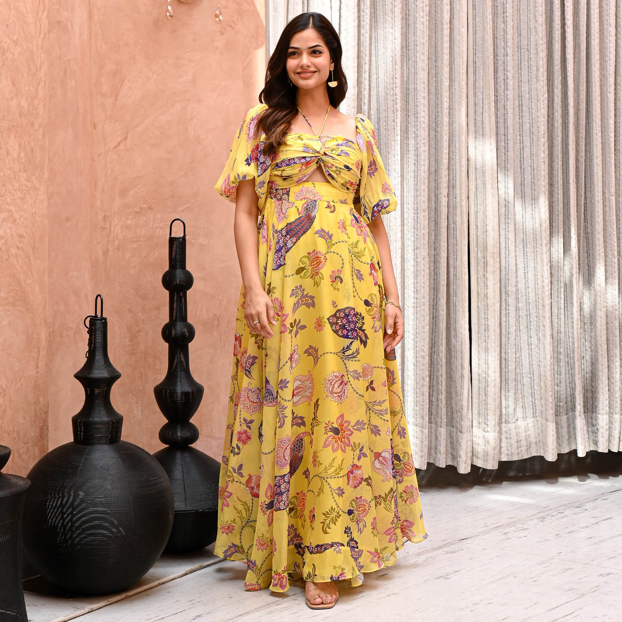 Sunflower Yellow Designer Floral Organza Long Dress for Women Online