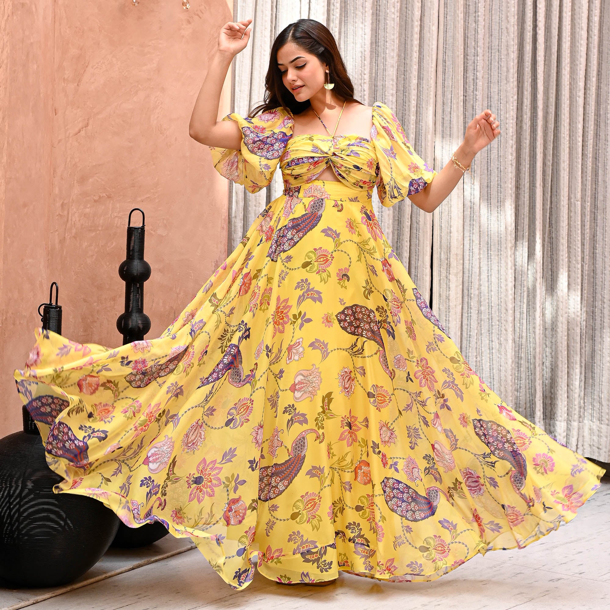 Sunflower Yellow Designer Floral Organza Long Dress for Women Online