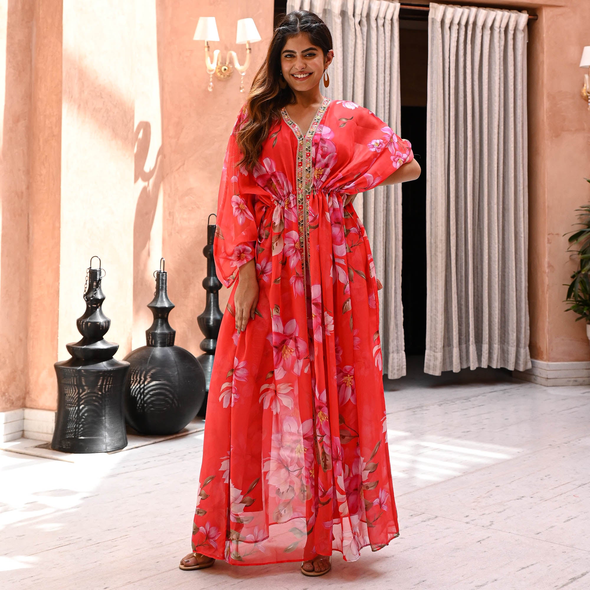 Saibo Floral Red Long Designer Kaftan Set For Women Online