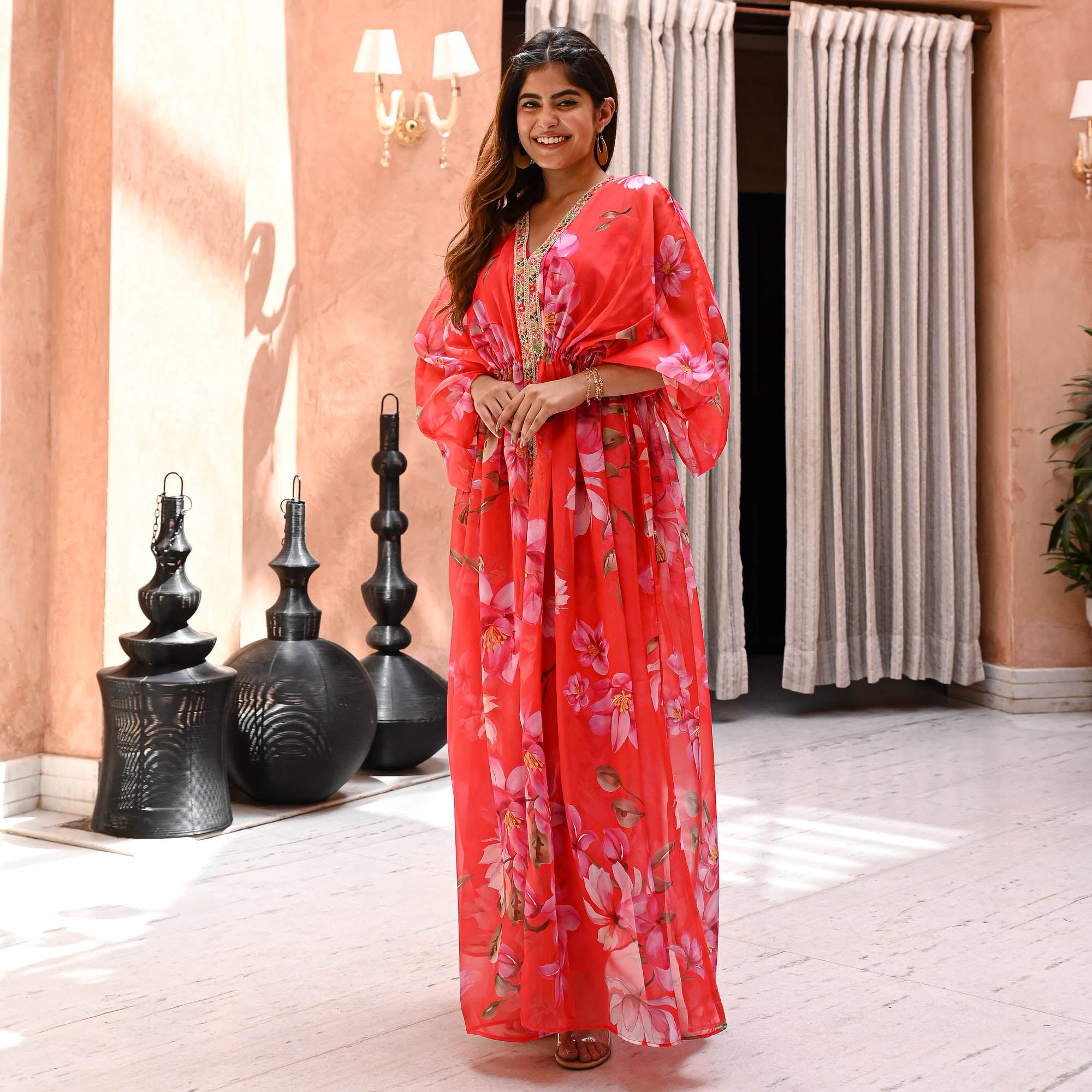 Saibo Floral Red Long Designer Kaftan Set For Women Online