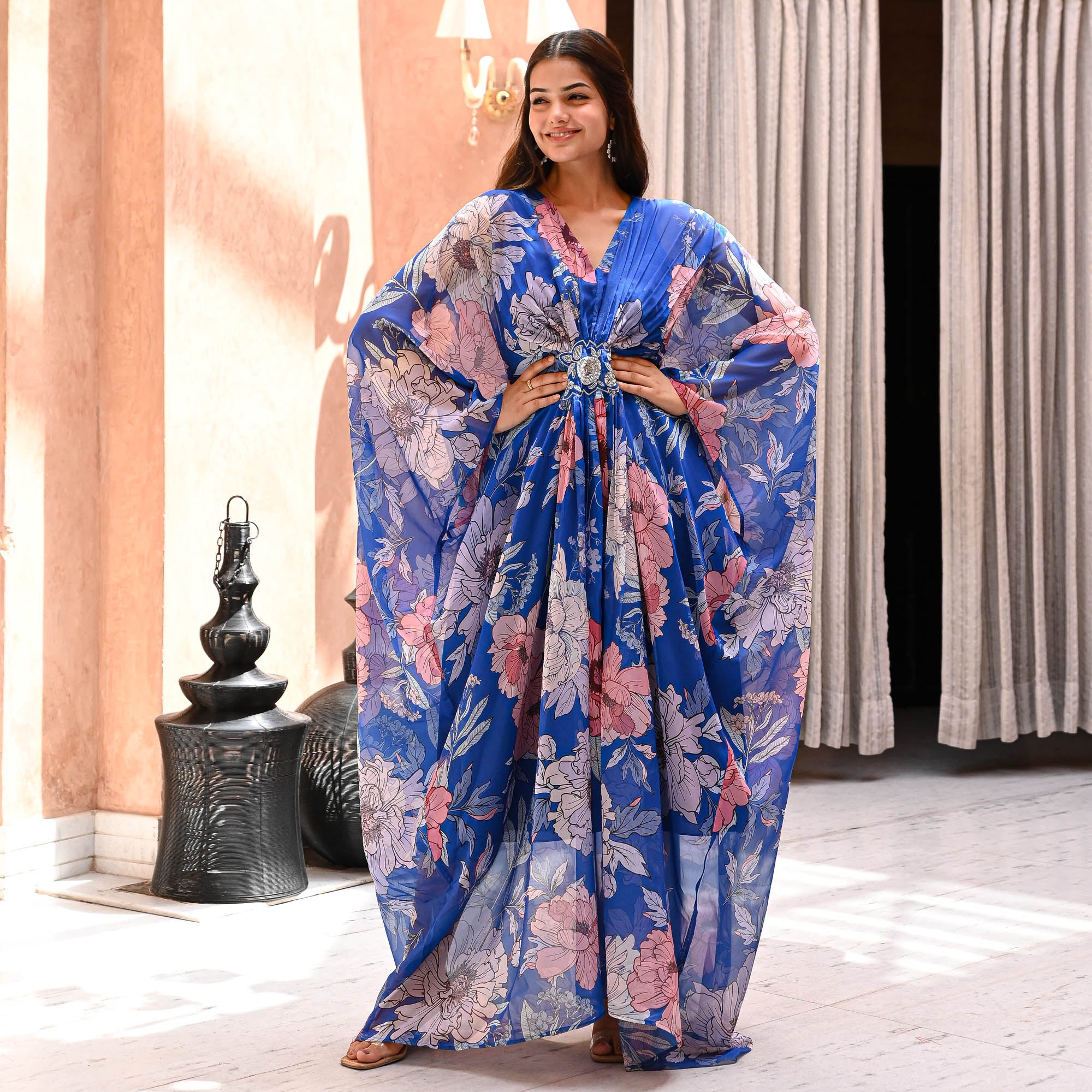 Varsha Long Blue Floral Designer Kaftan Set For Women Online