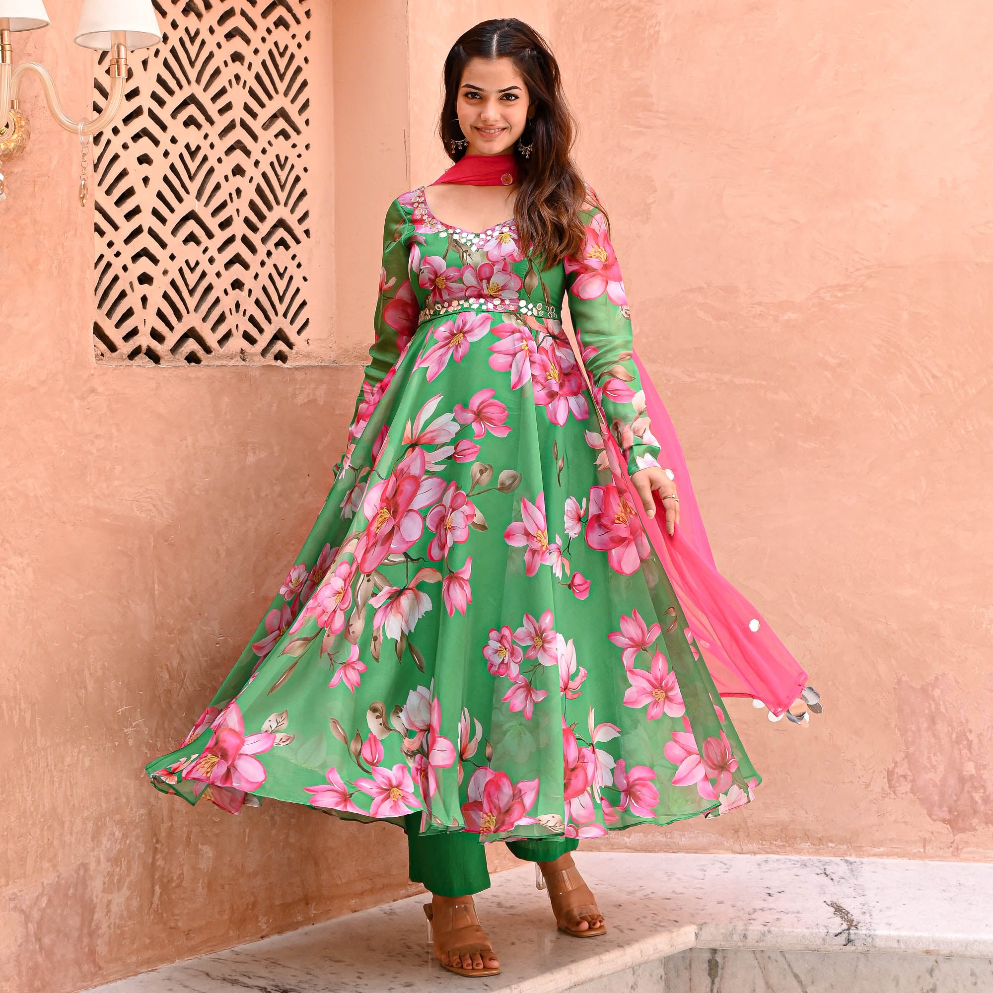 Meet Green Floral Organza Designer Anarkali Suit Set For Women Online