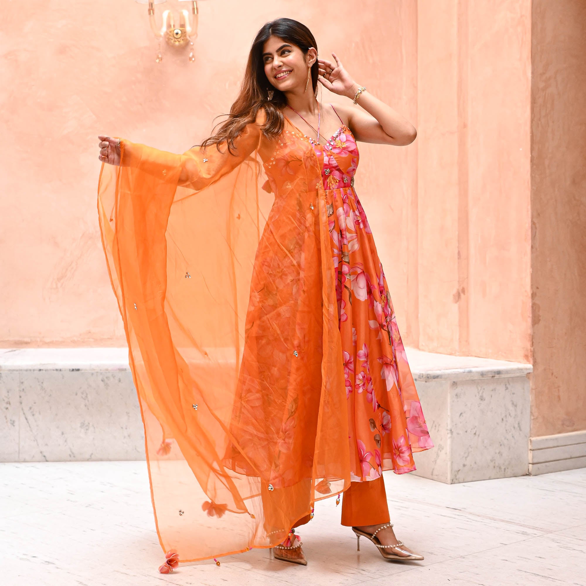 Marigold Orange Floral Organza Designer Suit Set for Women Online