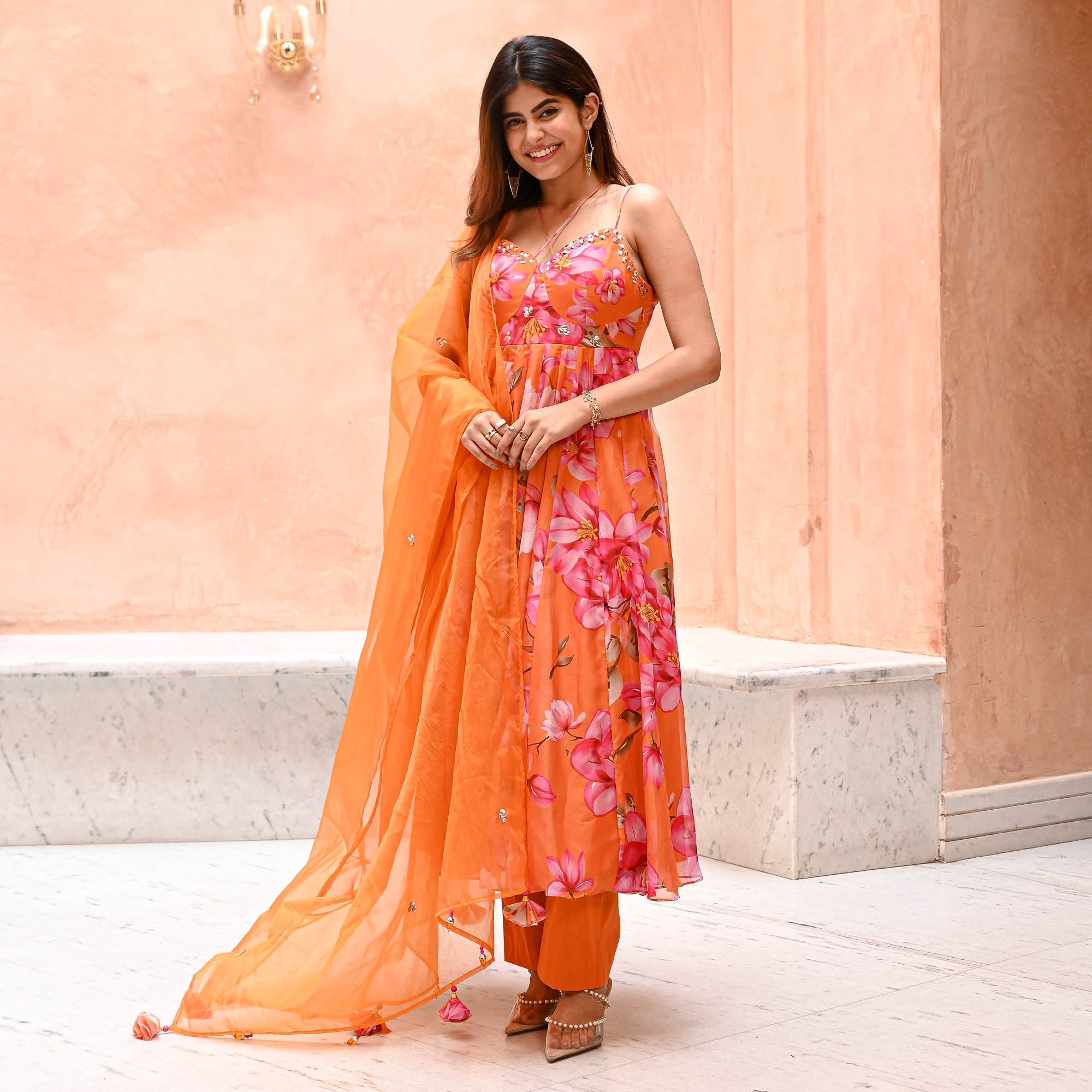 Marigold Orange Floral Organza Designer Suit Set for Women Online