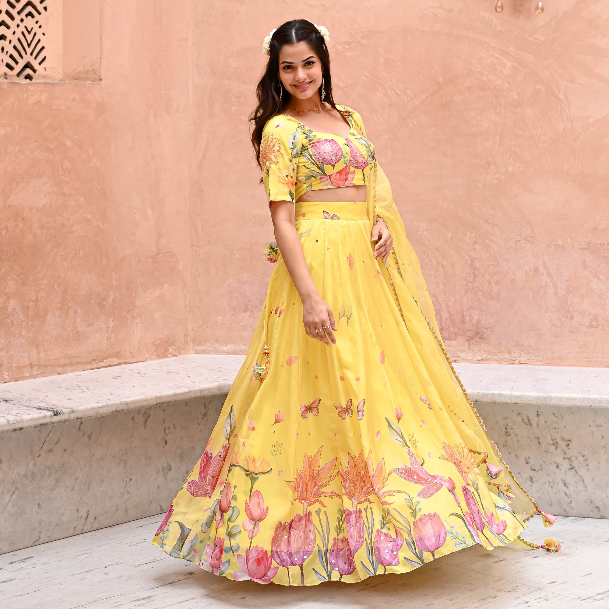 Chavi Yellow Floral Organza Designer Lehenga Set for Women Online