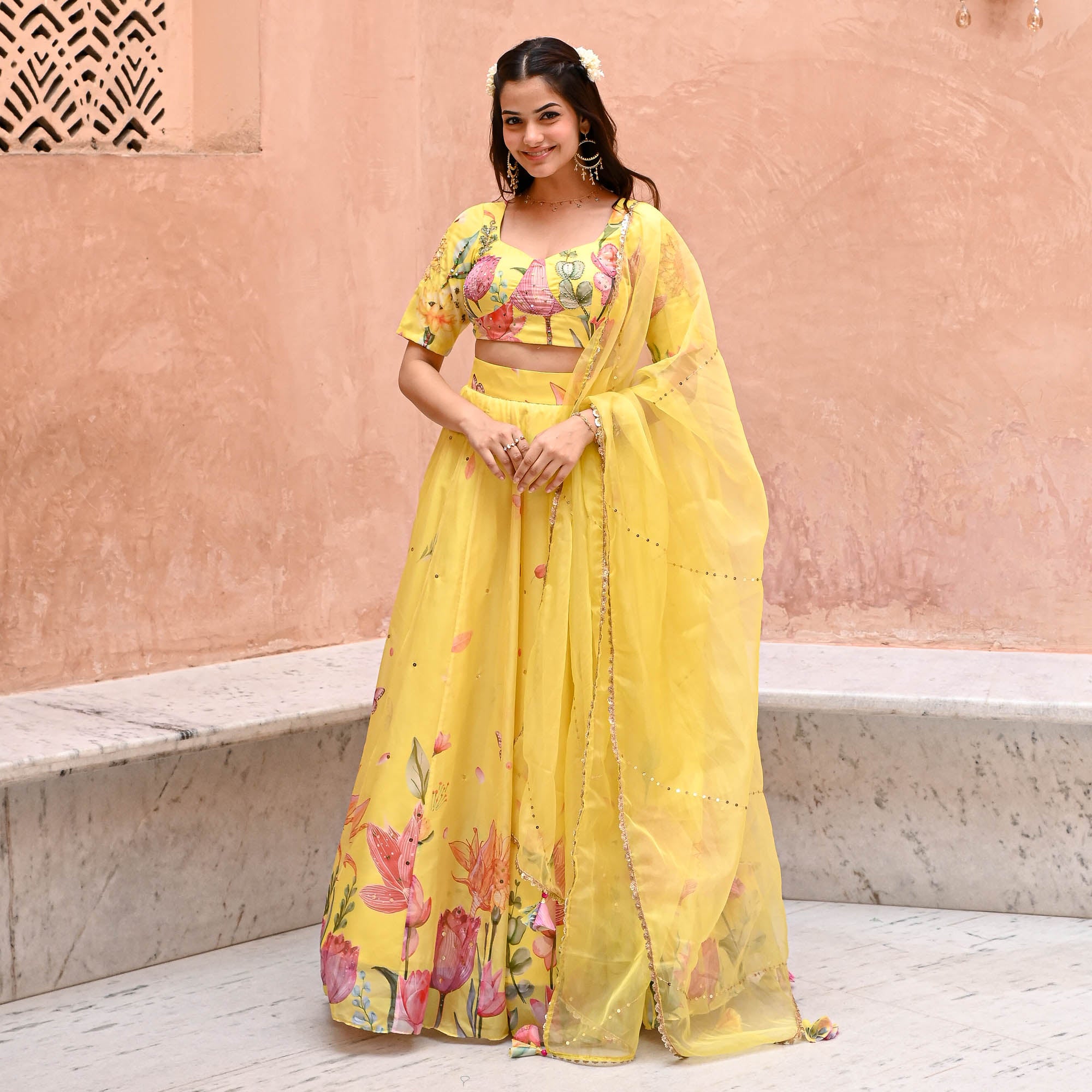 Chavi Yellow Floral Organza Designer Lehenga Set for Women Online