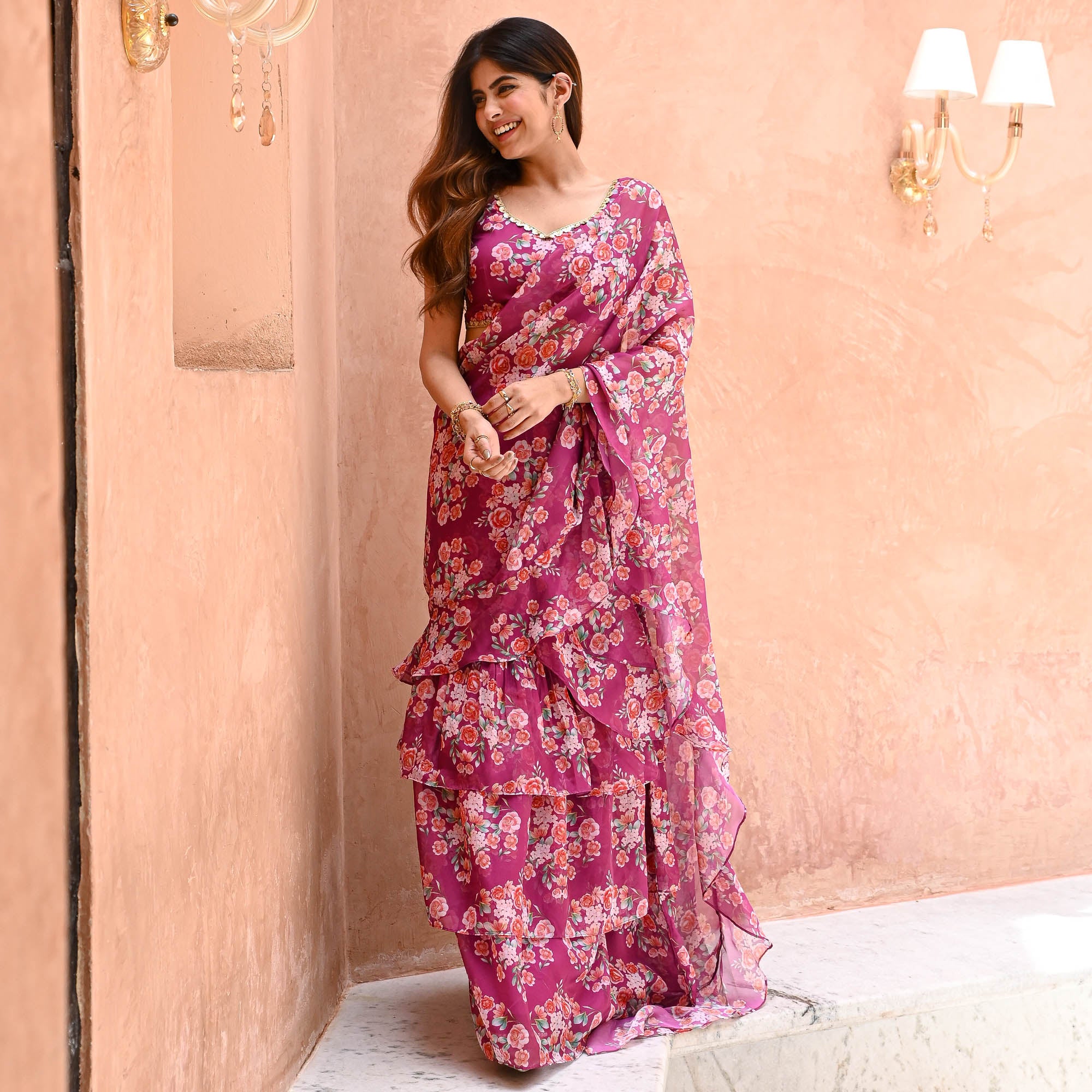 Sajni Dusty Pink Floral Designer Organza Drape Saree Online